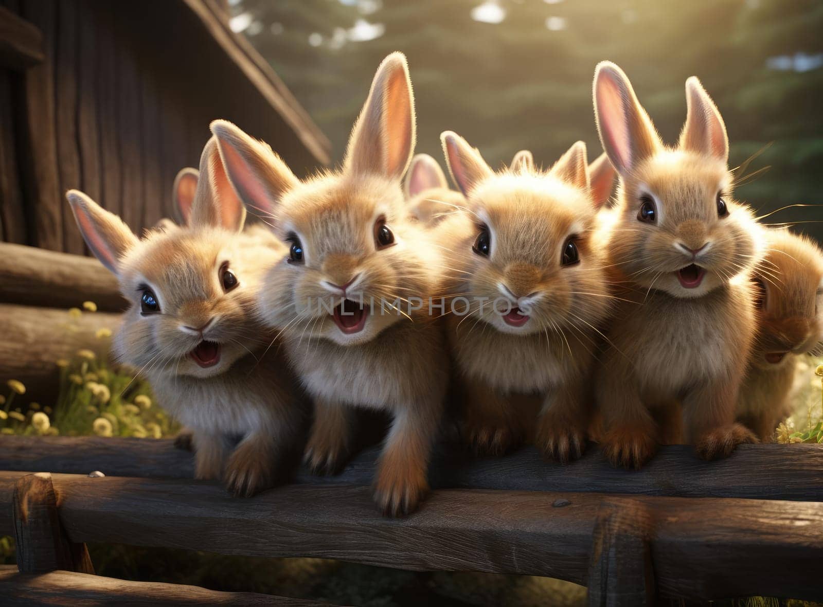 Several rabbits take a group selfie. Everyone is looking at the camera