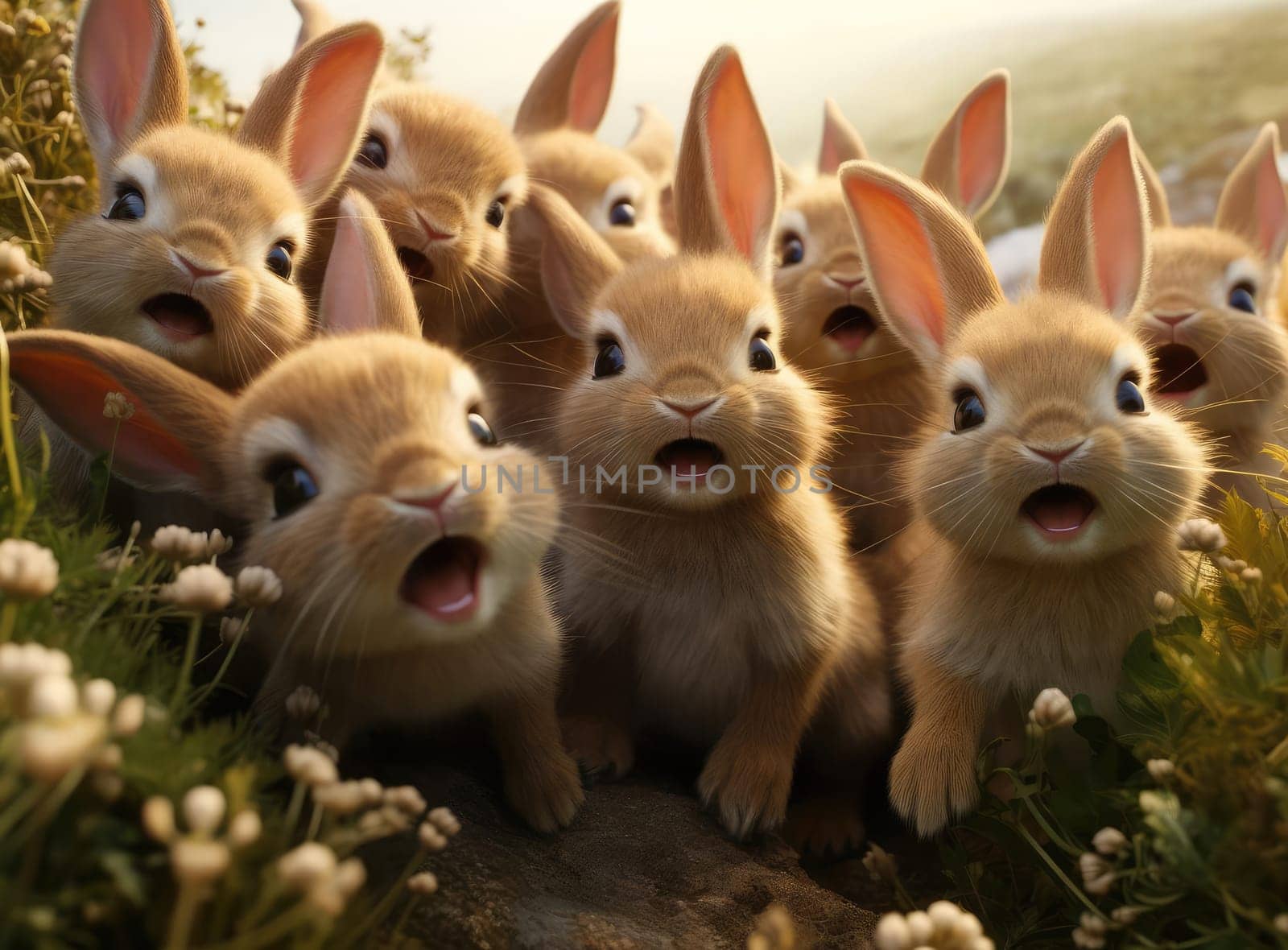 Several rabbits take a group selfie. Everyone is looking at the camera