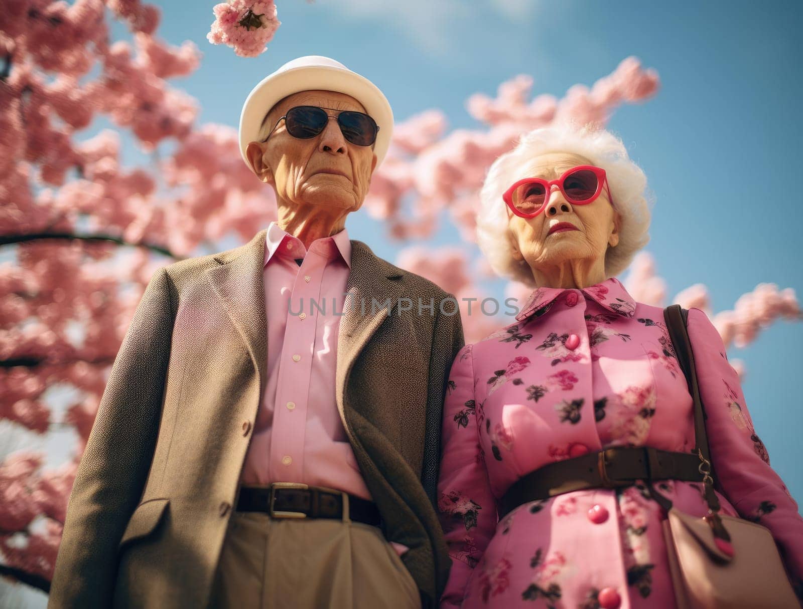 Elderly Japanese couple on the background of cherry blossoms