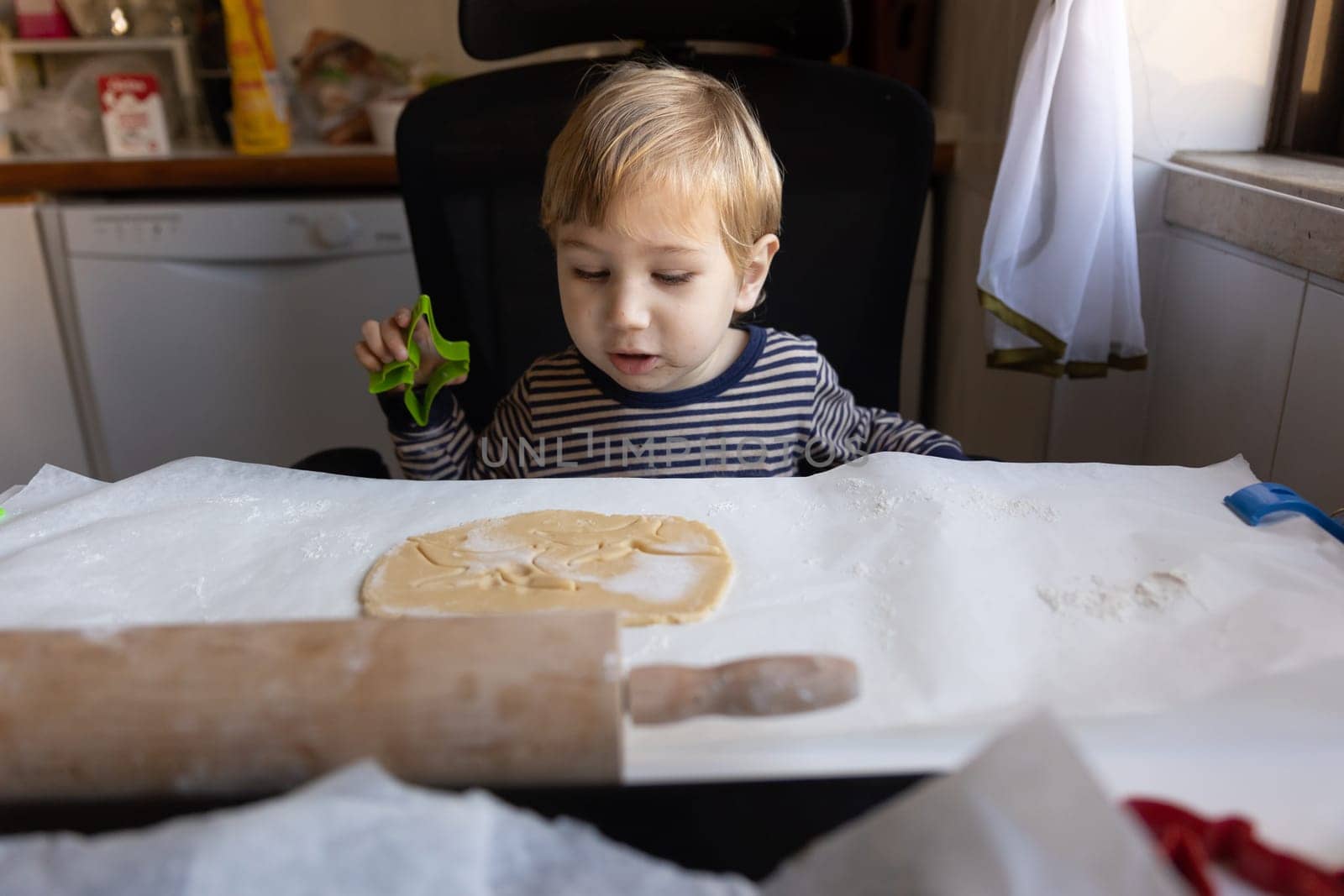 Family cooking - a little boy cuts dinosaurs out of raw dough with a mold. Mid shot