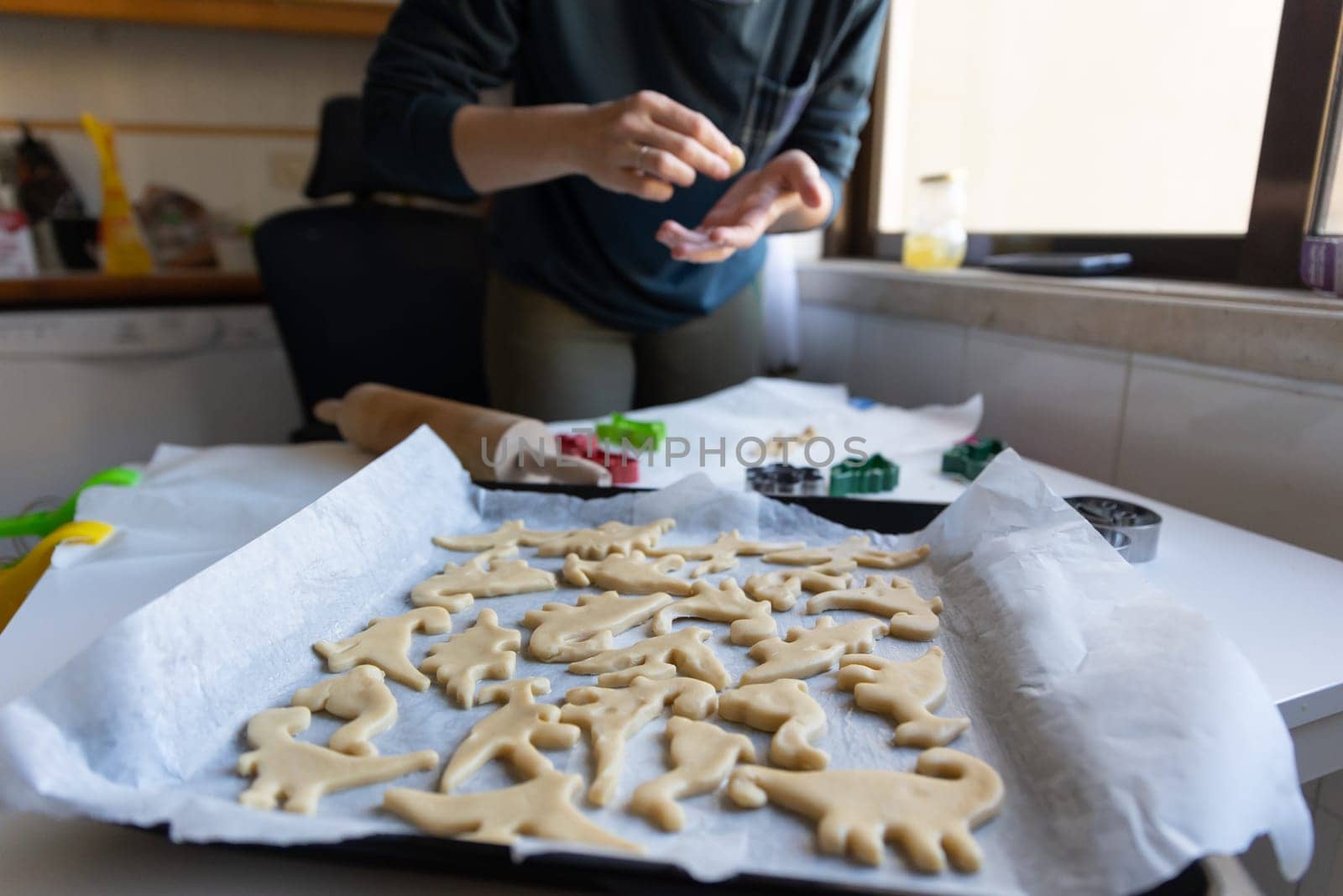 A woman baking - cookies in the shape of dinosaurs on the baking sheet. Mid shot