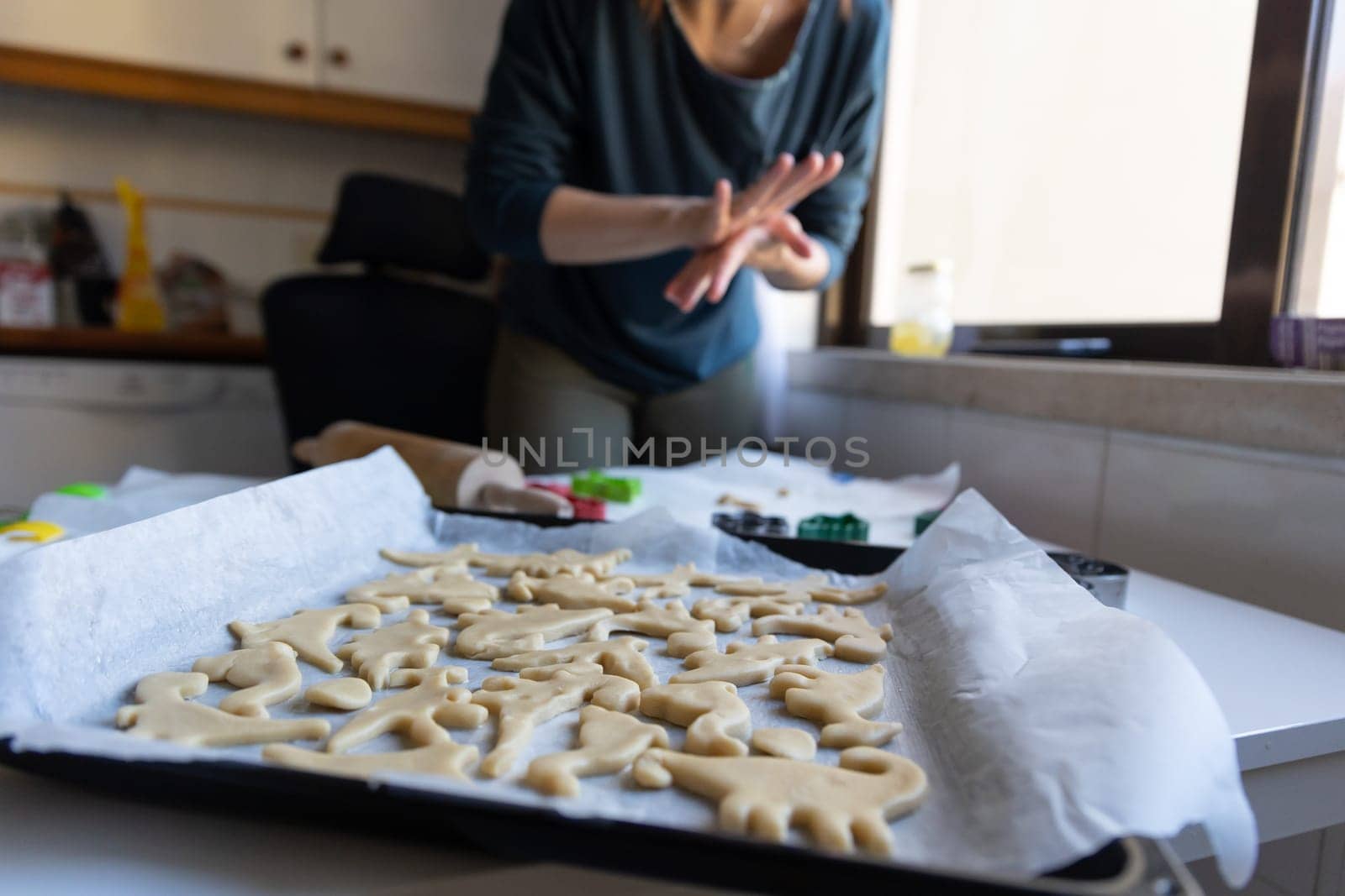 A woman making cookies in the shape of dinosaurs by Studia72