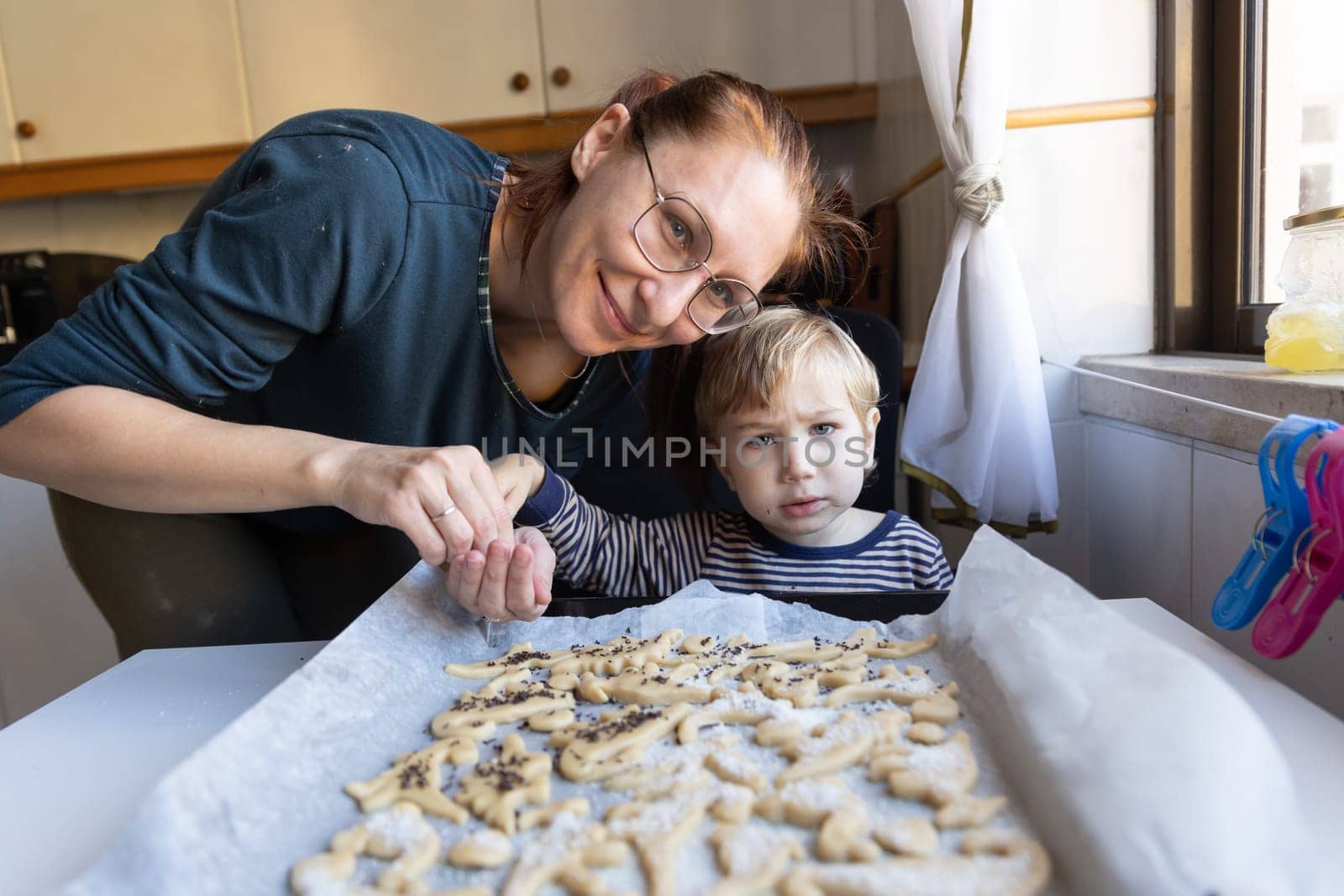 A woman with her little son make cookies in the shape of dinosaurs - looking in the camera by Studia72
