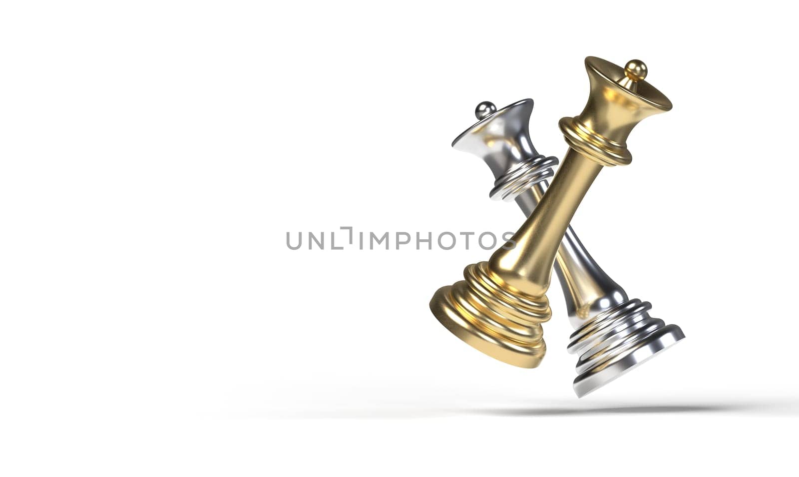 chess queens on white background with copy space. gold and silver chess pieces. 3d illustration