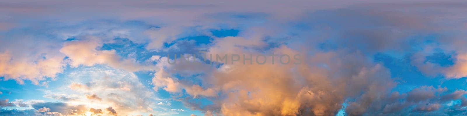 Bright sunset sky panorama with Cirrus clouds. Seamless hdr spherical equirectangular 360 panorama. Sky dome or zenith for 3D visualization, game and sky replacement for aerial drone 360 panoramas.