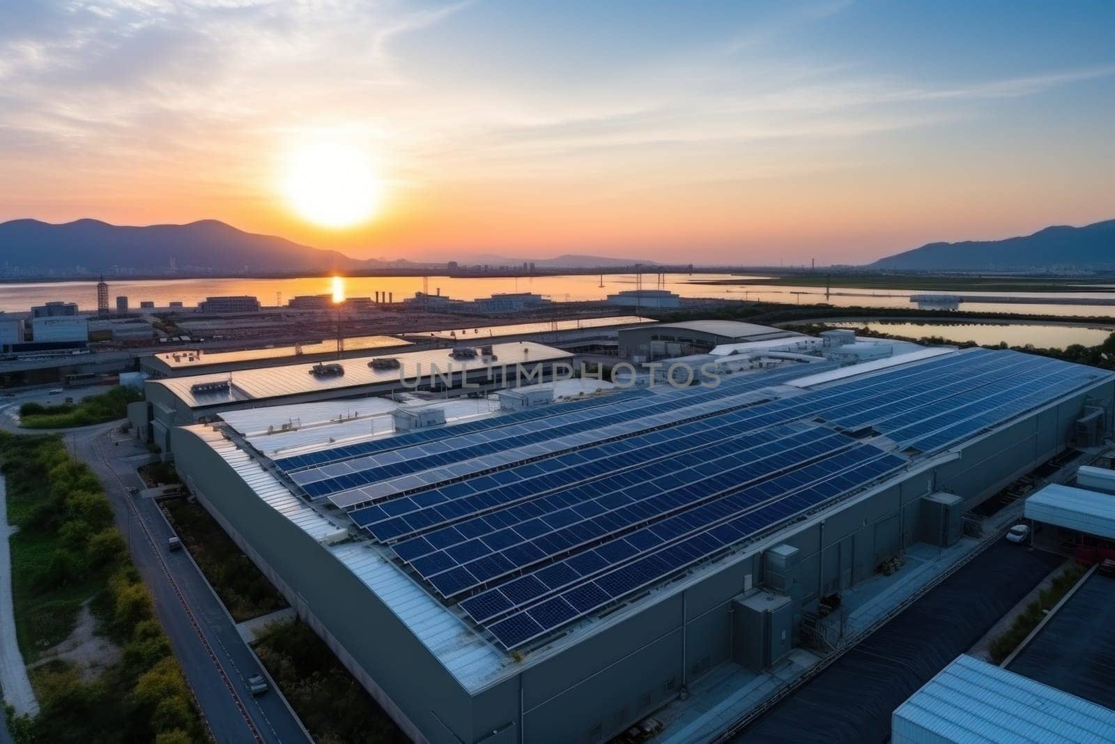 Crean energy solar cell on roof mega factory. High quality photo