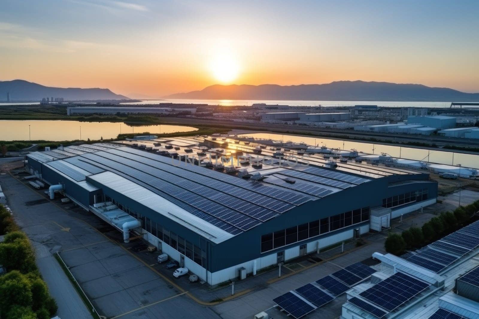 Crean energy solar cell on roof mega factory. High quality photo