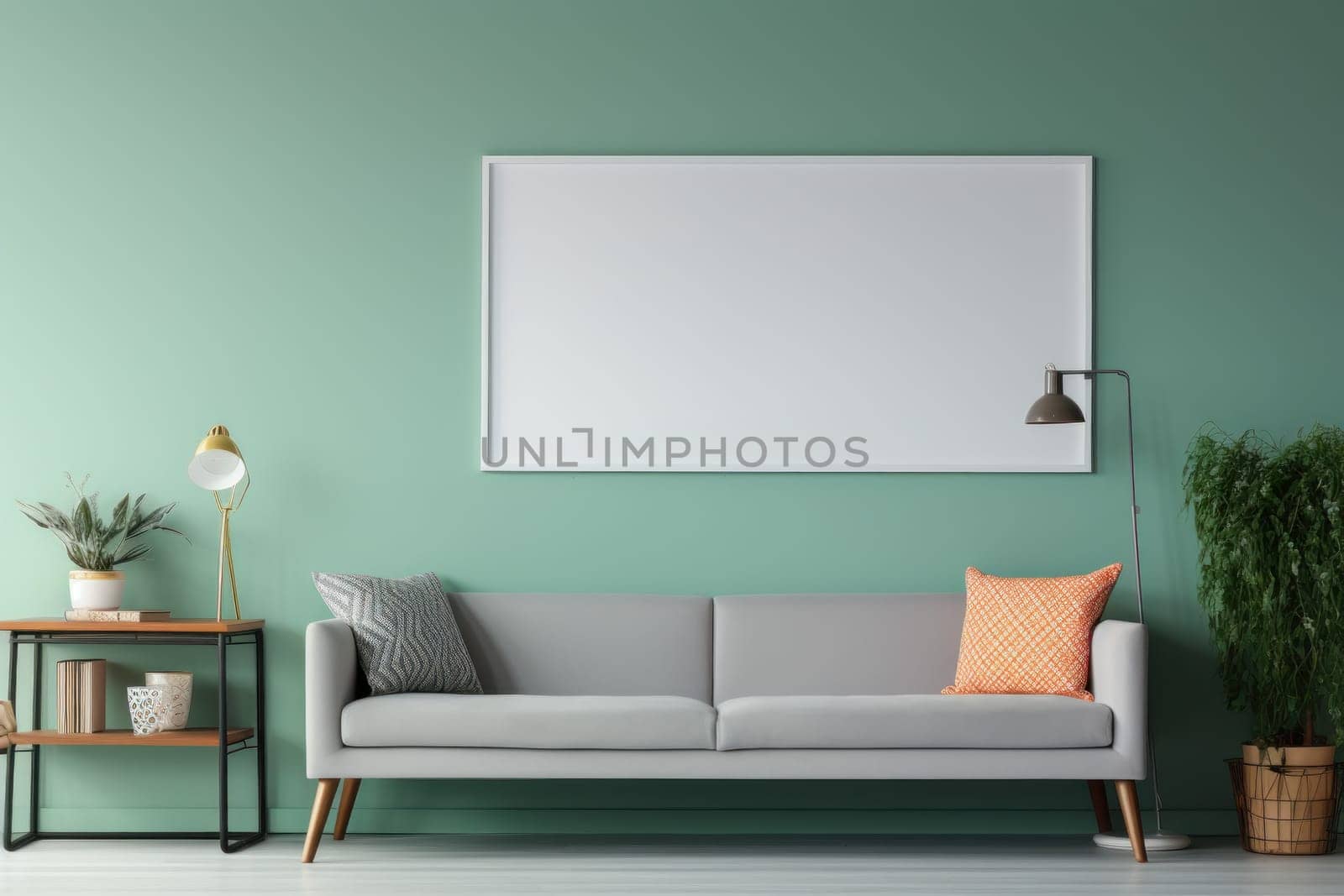 Photo frame on wall with sofa and living room setting. by prathanchorruangsak