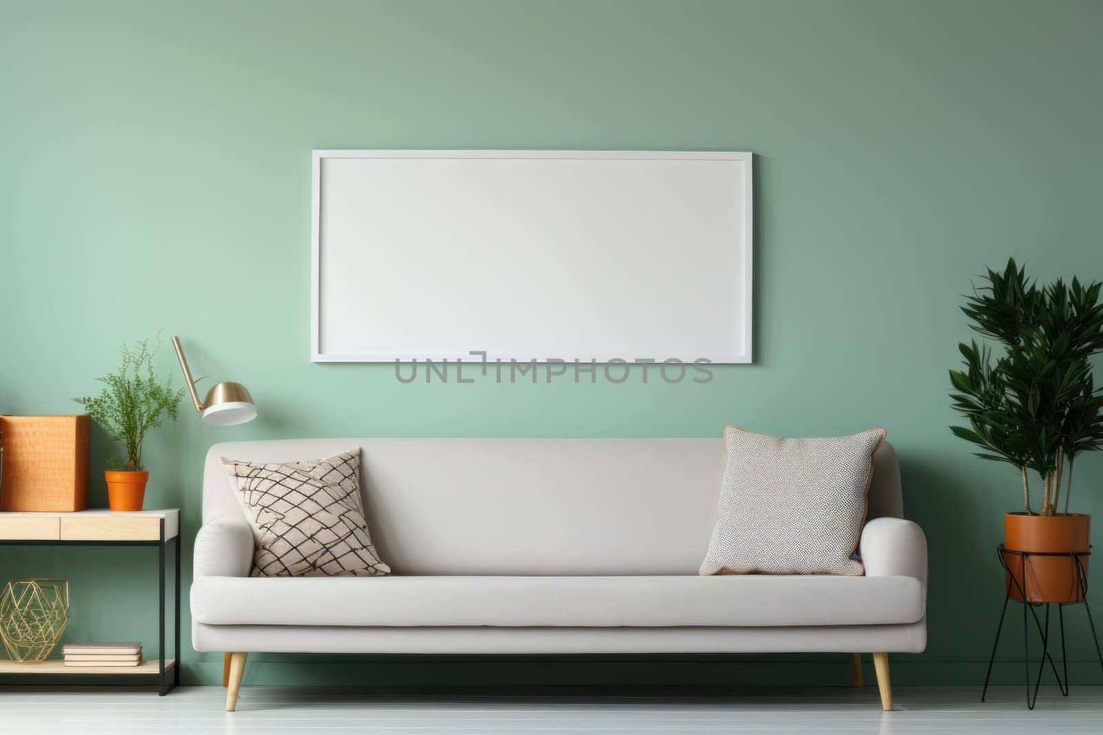 Photo frame on wall with sofa and living room setting. High quality photo
