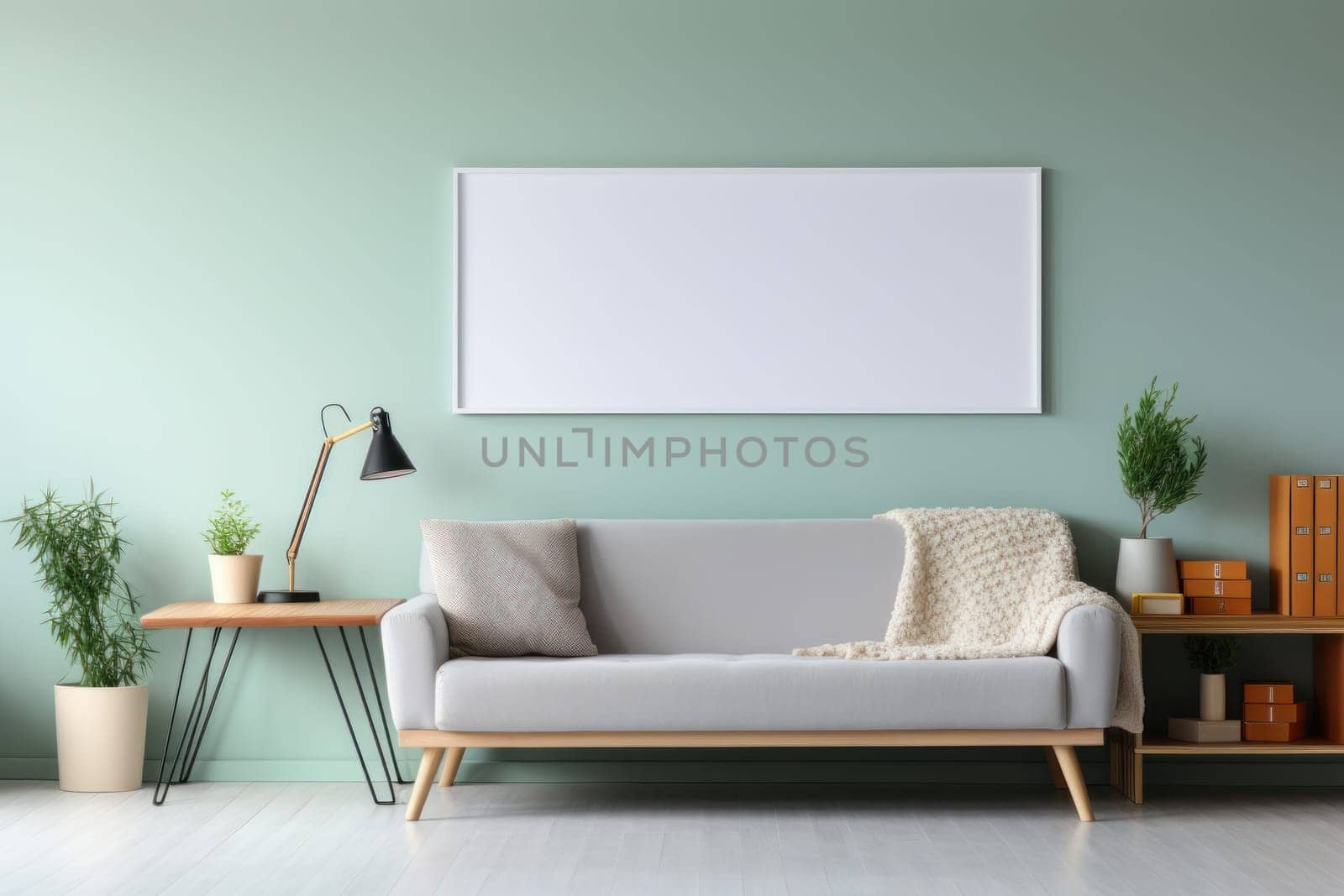 Photo frame on wall with sofa and living room setting. by prathanchorruangsak