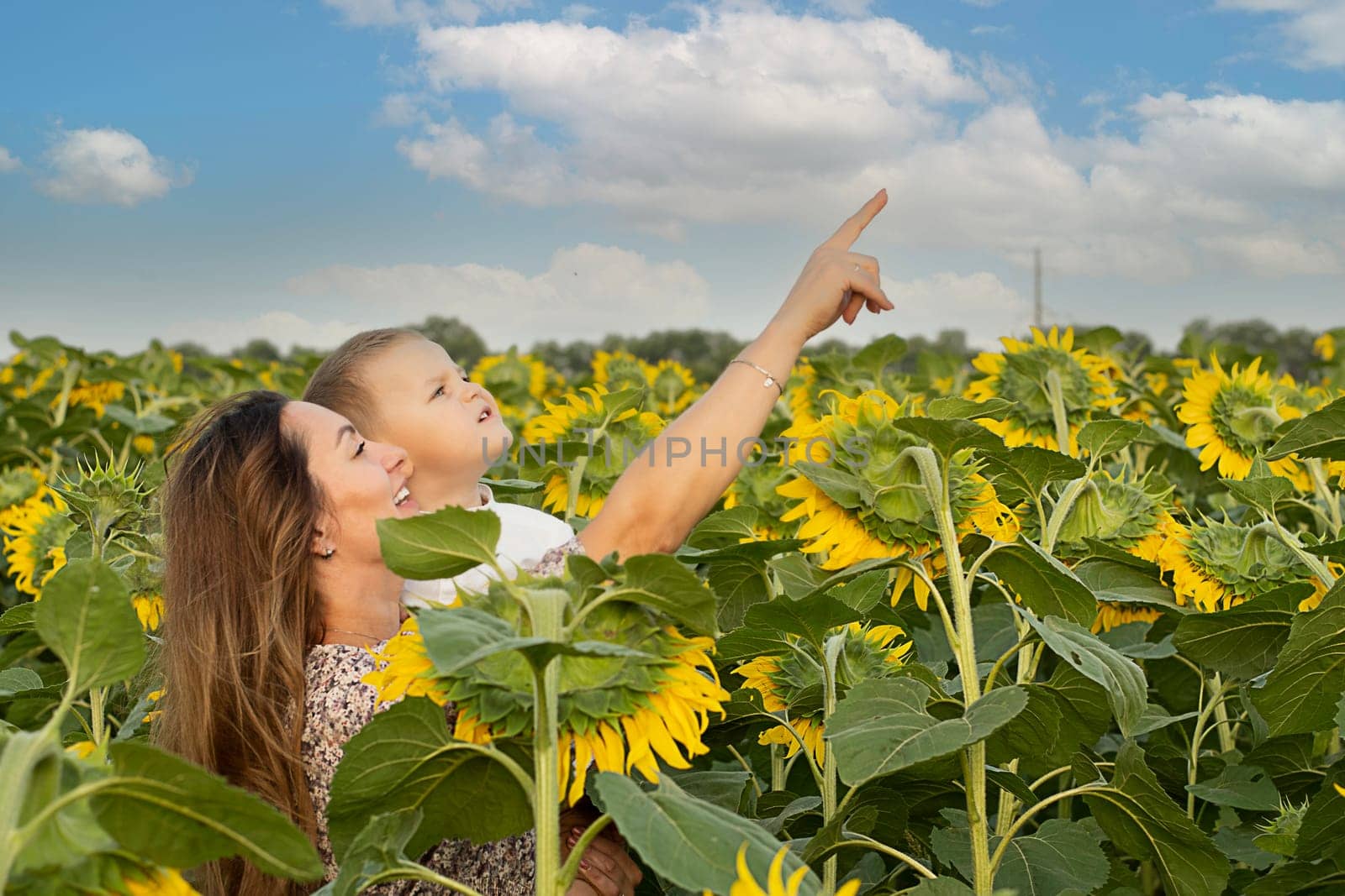 Family concept. A little boy in his mother's arms, gently hugs while standing in a field with yellow sunflowers against the blue sky. A symbol of peace. Symbol of Ukraine. by ketlit