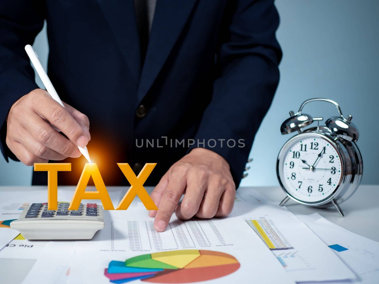 Businessman calculating income To fill out an online personal income tax return form to pay taxes. Financial research. Report. Tax return. Calculation.