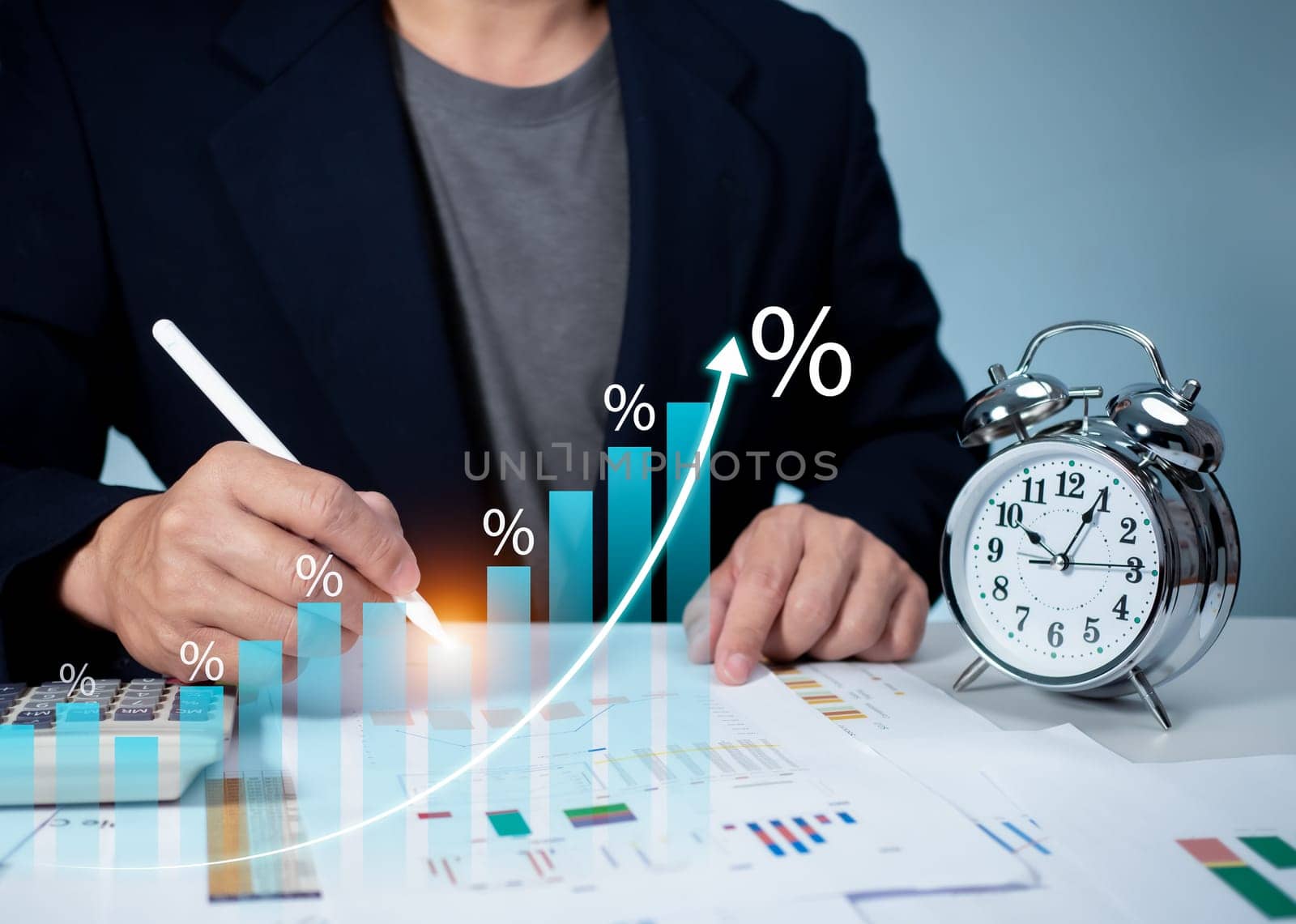 Stock market, Business growth, progress or success concept. Businessman or trader is showing a growing virtual hologram stock, invest in trading. by Unimages2527