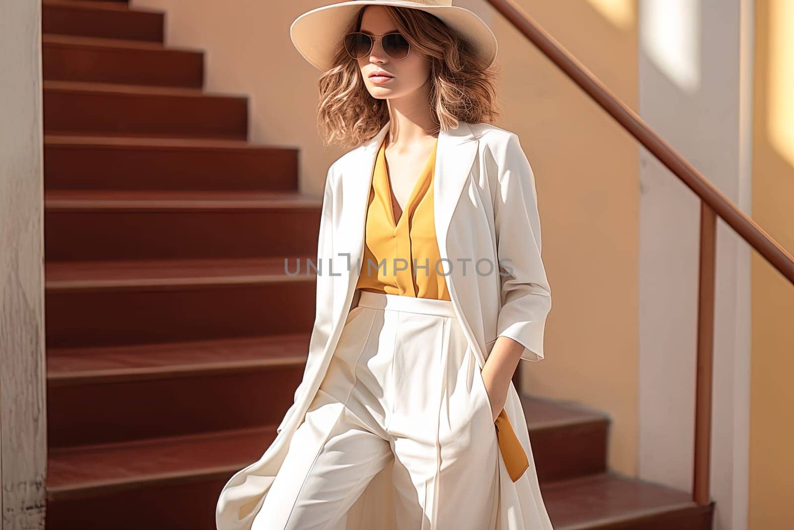 A beautiful girl in a snow-white trouser suit, a yellow blouse and a white hat walks around the city. by Yurich32