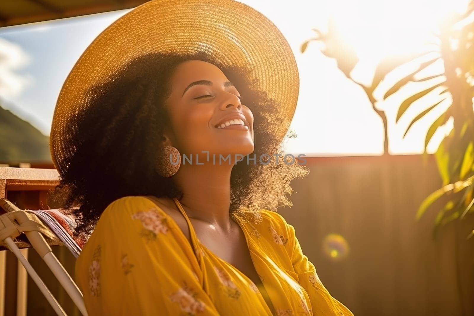 Beautiful African-American woman in a straw hat sitting in a gazebo by Yurich32