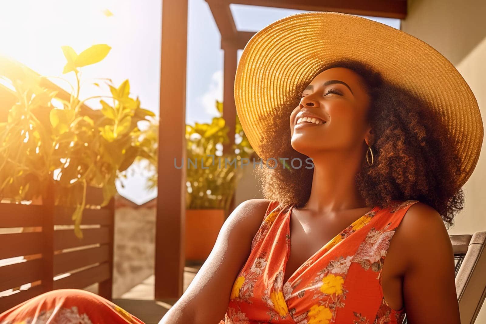 Beautiful African-American woman in a straw hat sitting in a gazebo. High quality photo