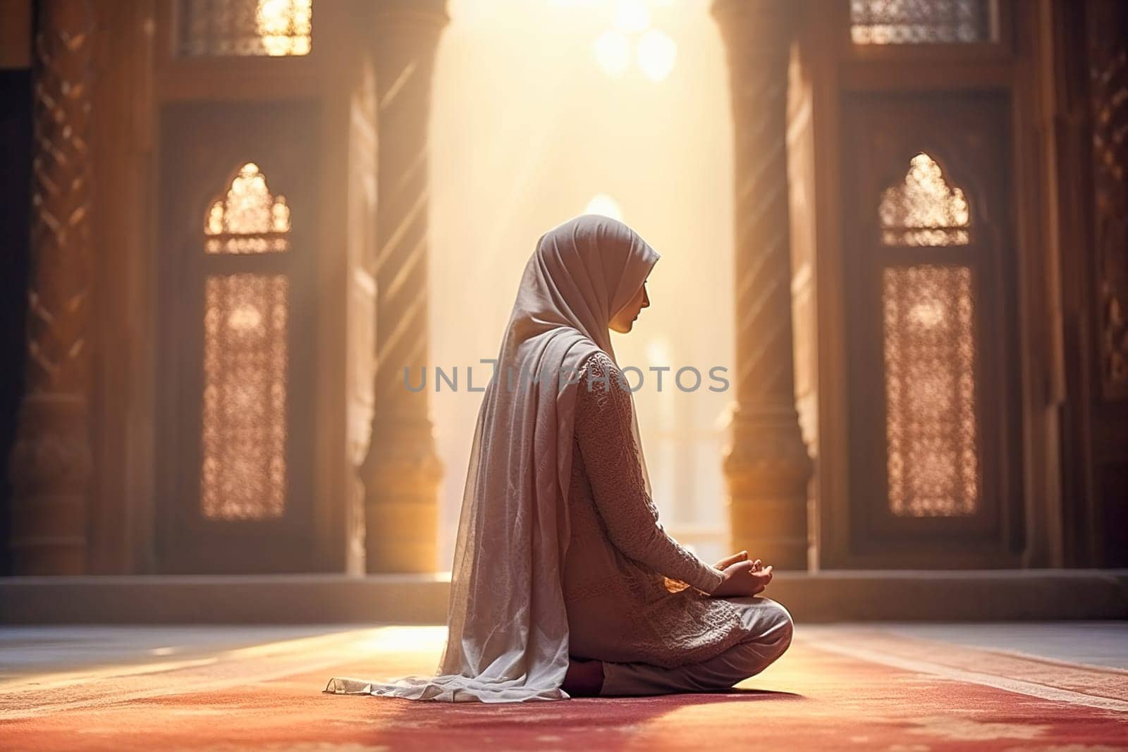 A Muslim woman prays in a mosque. High quality photo