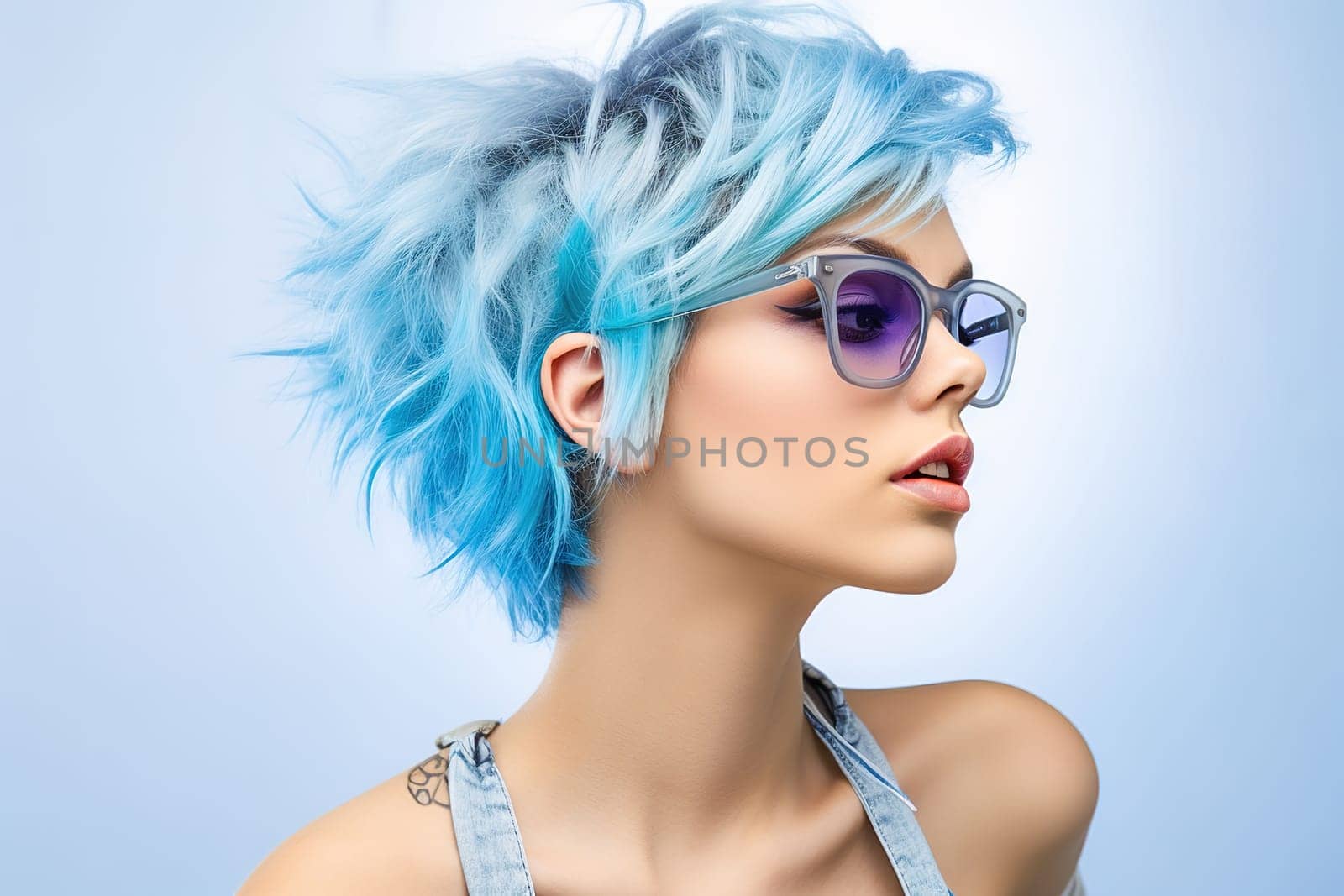 Short haired girl with blue hair. High quality photo