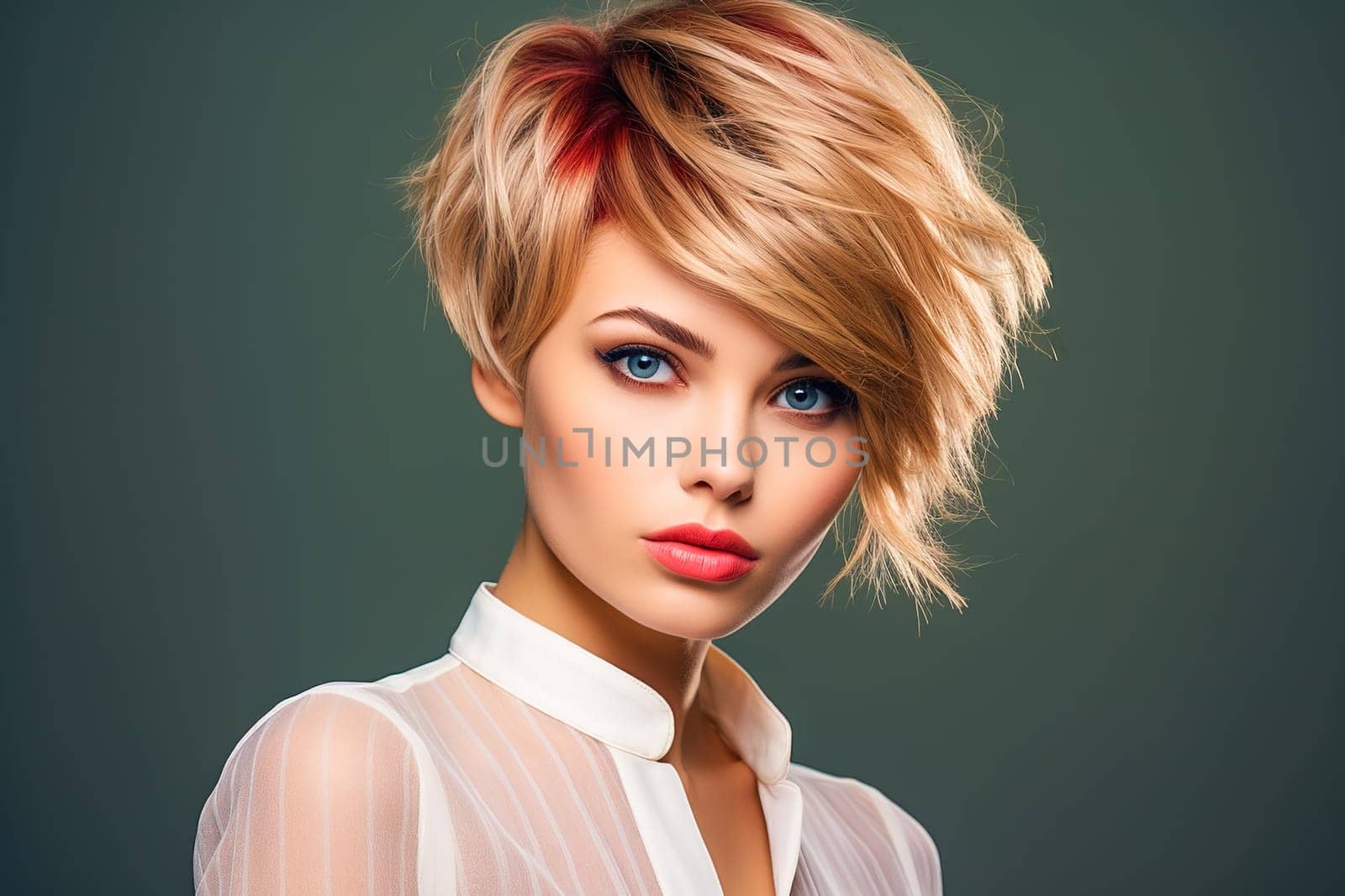 Portrait of a beautiful girl with red hair. Conceptual examples of haircuts from the catalog. High quality photo