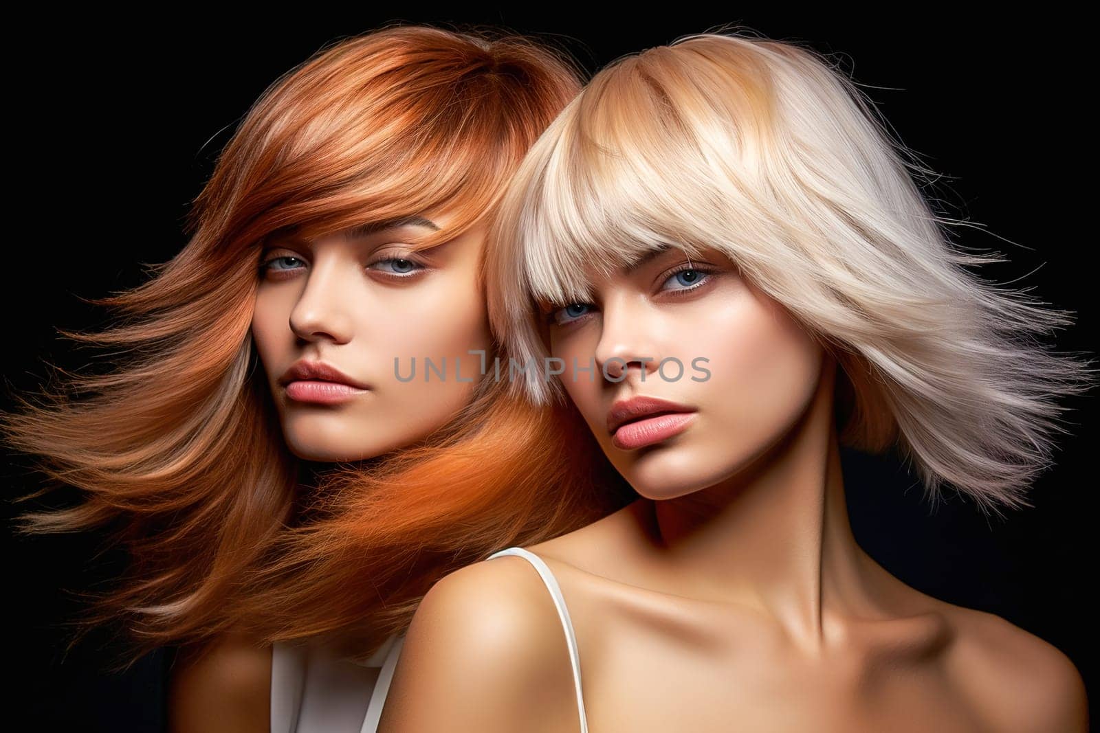 Two beautiful girls with red and blond hair. Conceptual examples of haircuts from the catalog. High quality photo