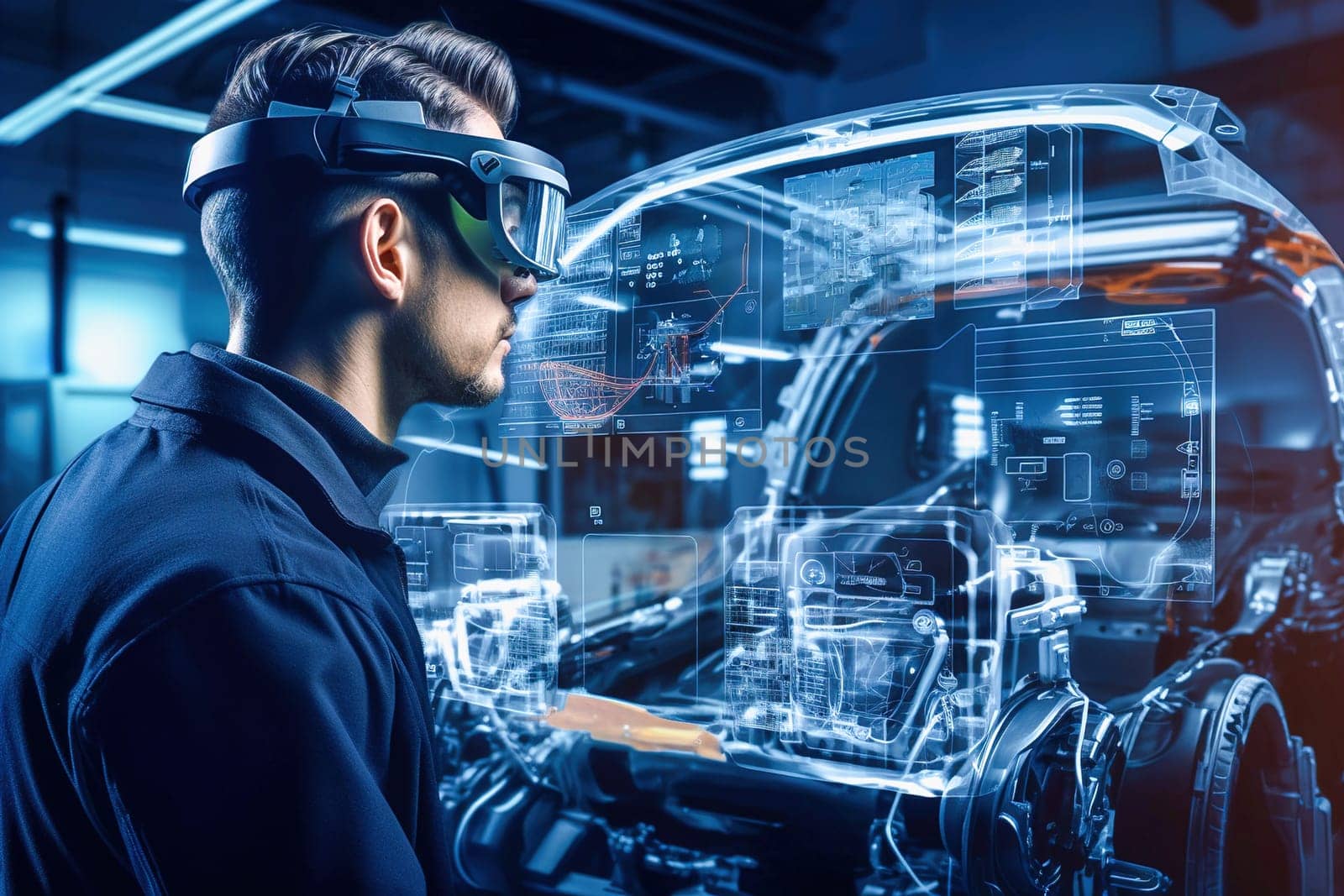 A male constructor creates a virtual model of a car in 3D glasses. High quality illustration