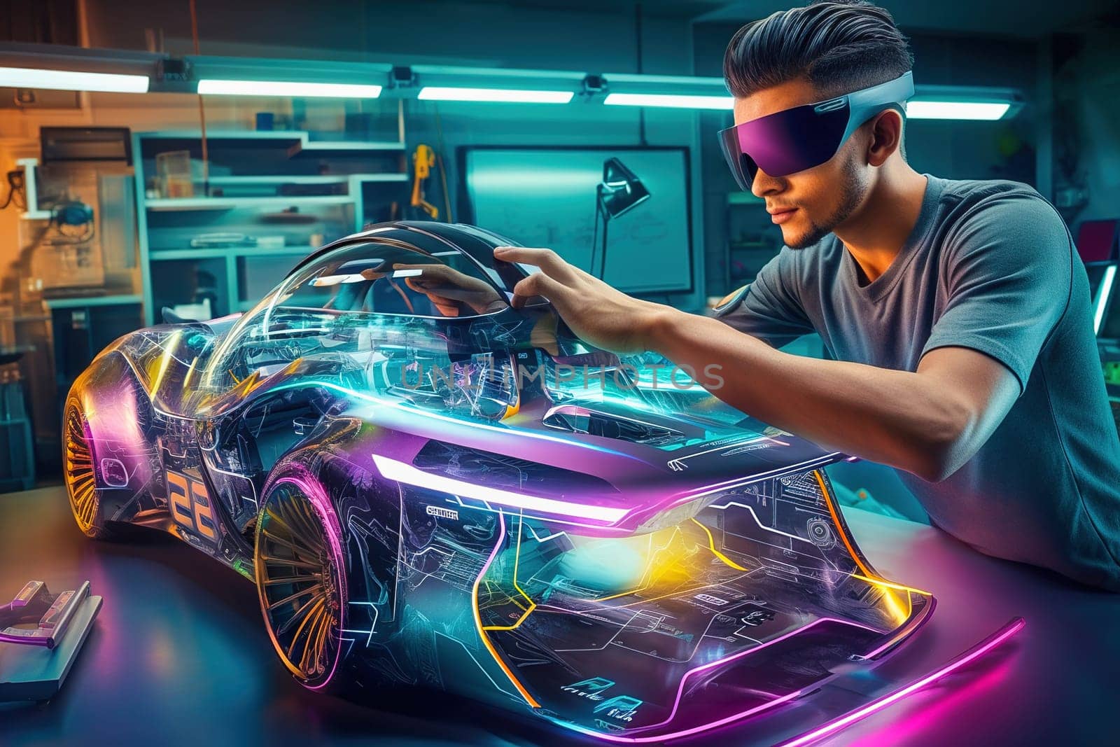 A male constructor creates a virtual model of a car in 3D glasses. High quality illustration