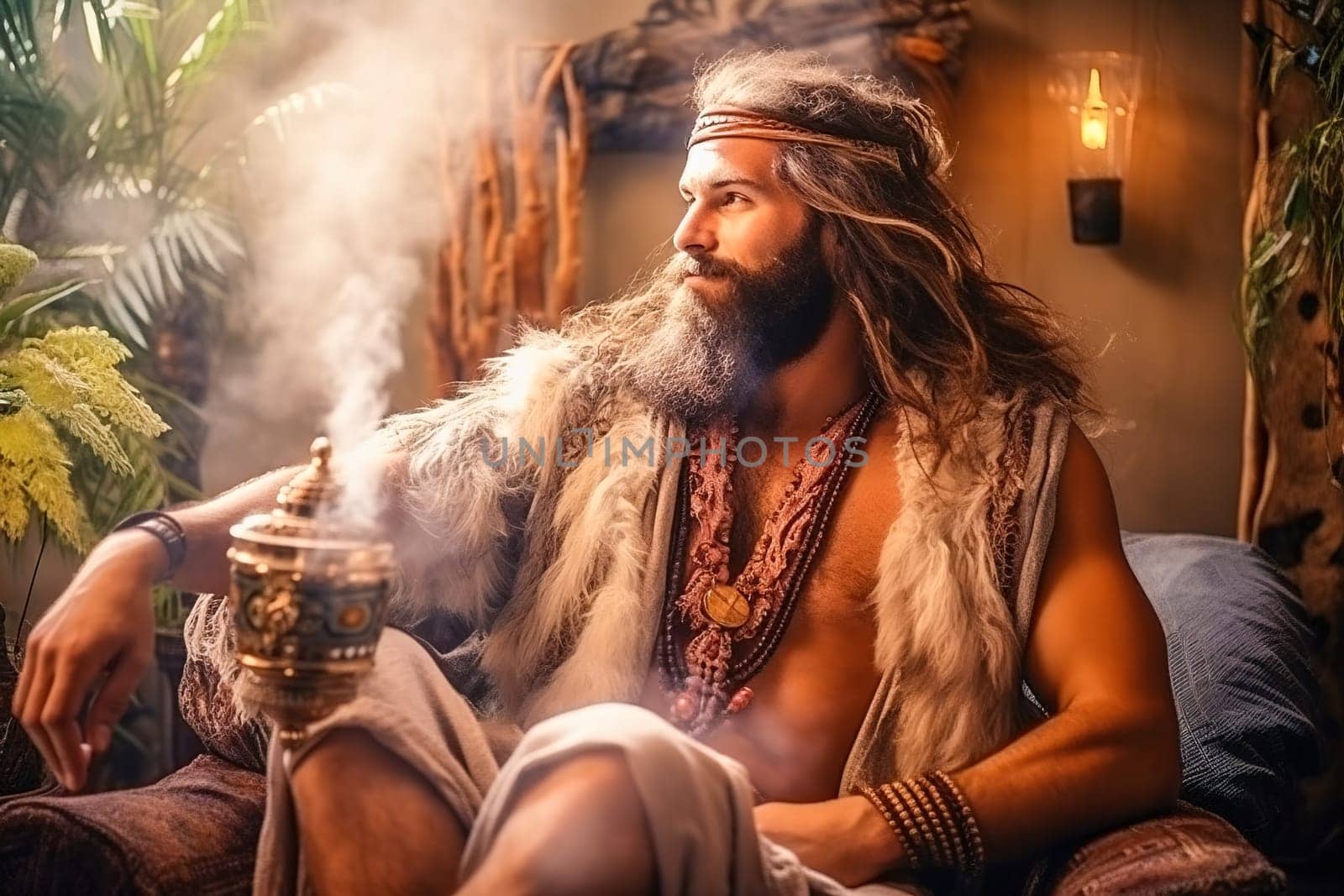 A man smokes a hookah in a caf . High quality photo
