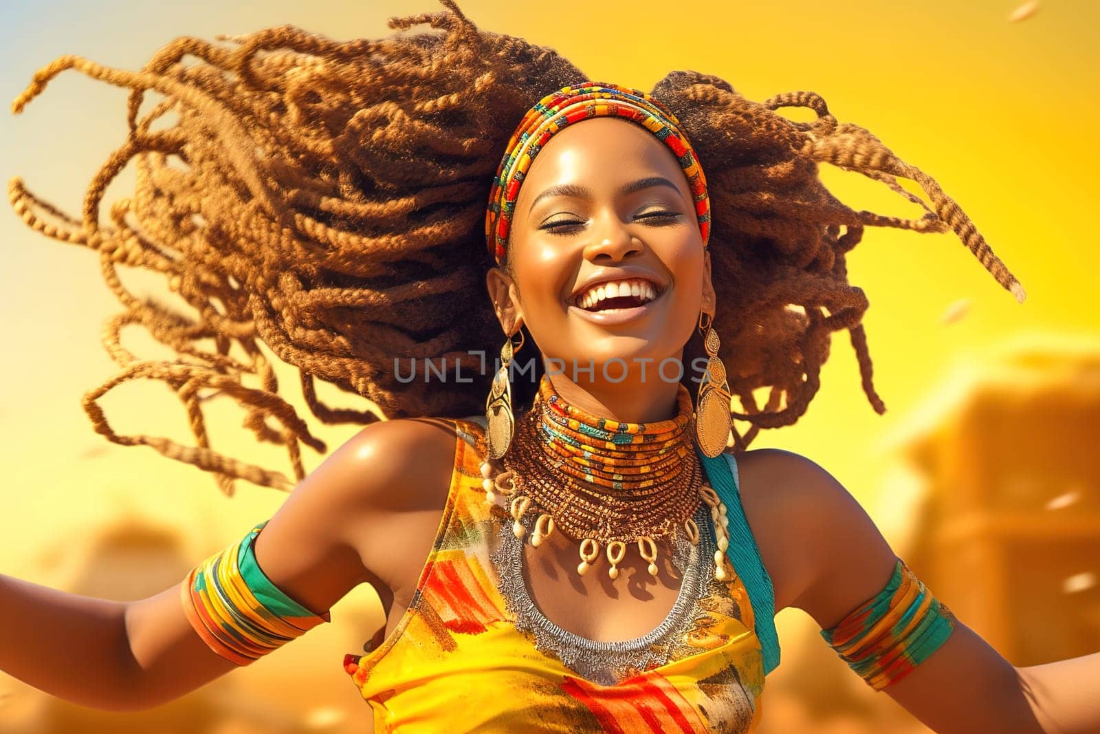 Happy African-American woman with dreadlocks in the sun. by Yurich32