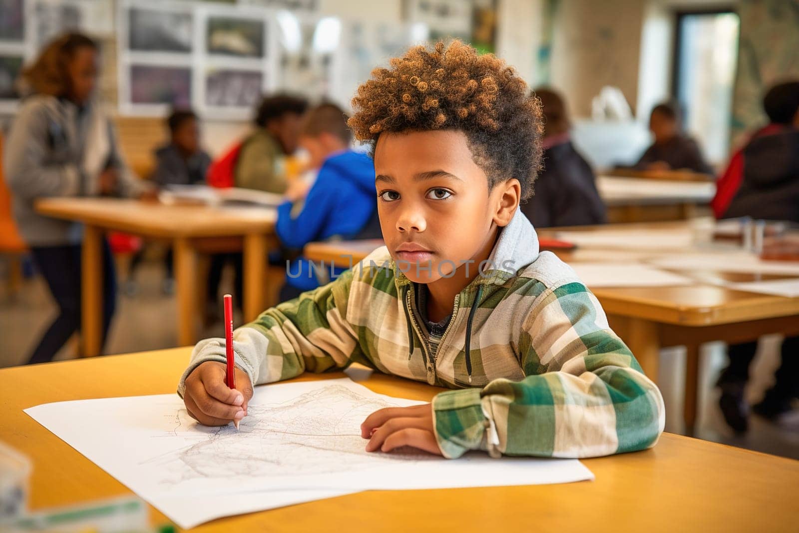 An African-American child writes in a notebook. Schooling. High quality photo