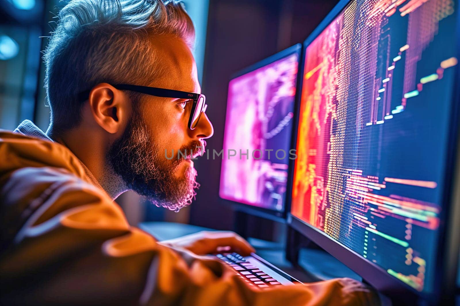 A male programmer works at a computer. High quality photo