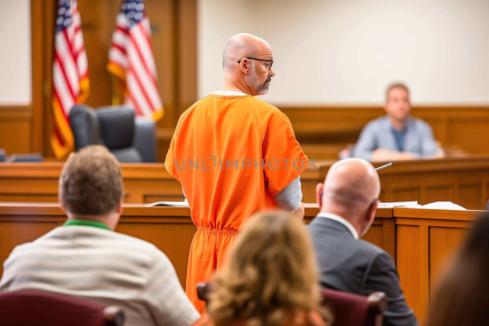 A convict in an orange suit speaks in the courtroom. High quality photo