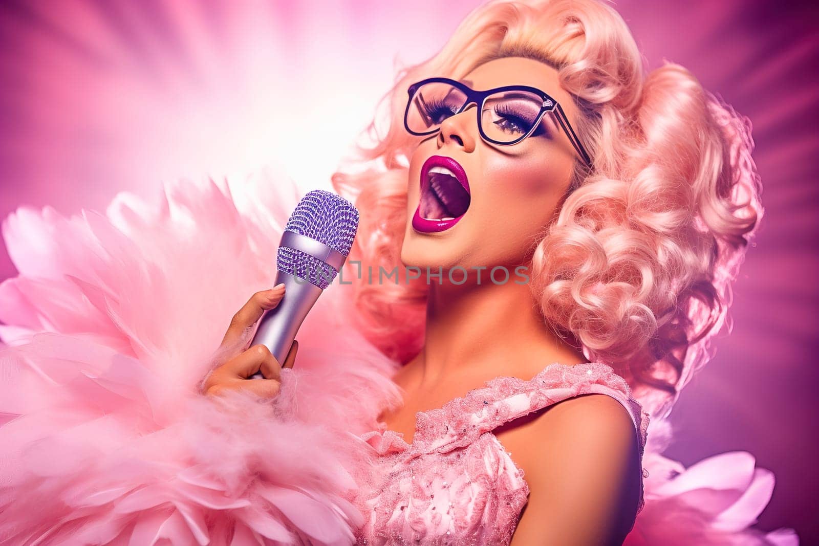 A blond woman in pink clothes sings into a microphone. Barbie style. by Yurich32