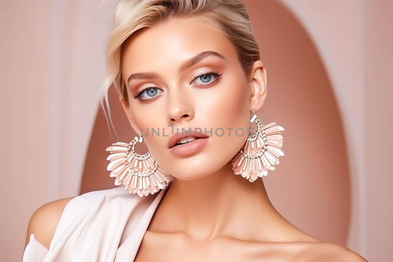 A blond woman shows expensive earrings in her ears. High quality photo