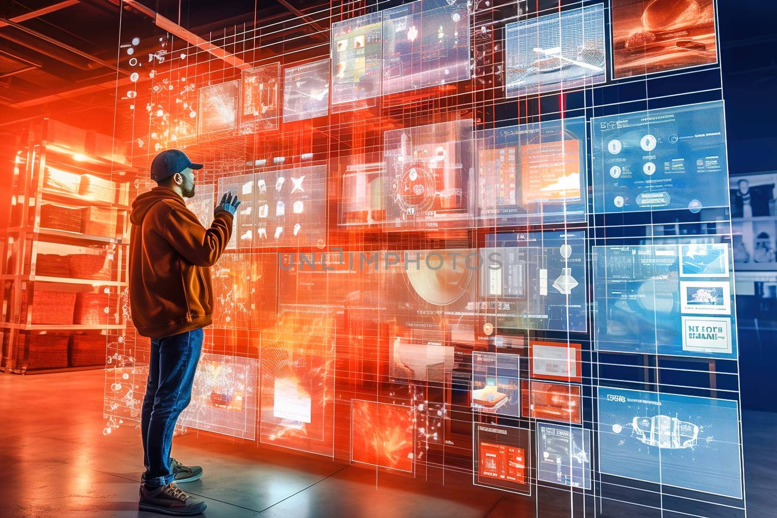 Futuristic technology worker taking inventory of a warehouse. High quality illustration