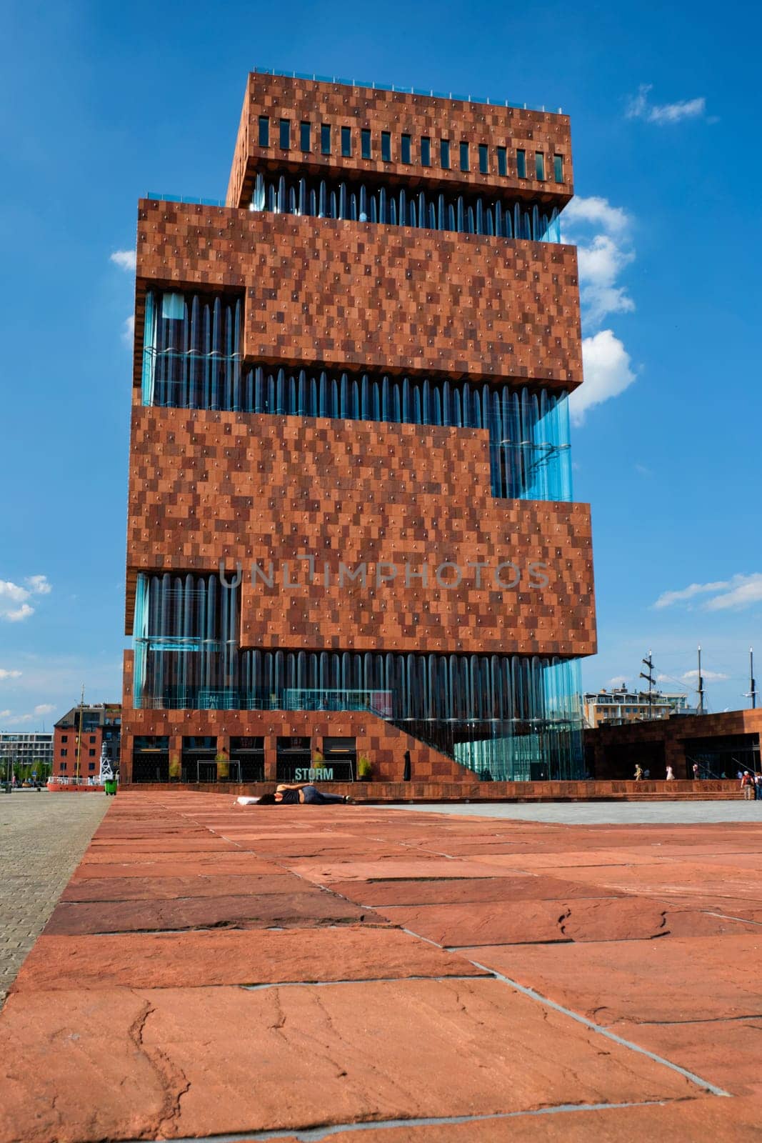 ANTWERP, BELGIUM - MAY 26, 2018: MAS Museum aan de Stroom - Museum by the River on river Scheldt. Opened in 2011, is the largest museum in Antwerp and an example of postmodern Art Deco architecture