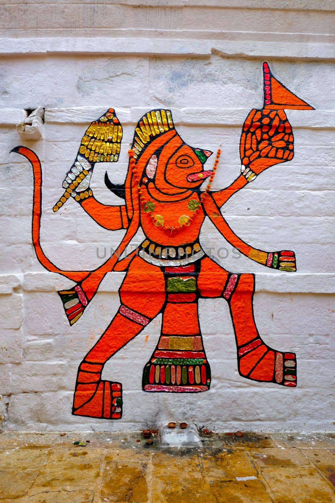 Jaisalmer, India - November 16, 2019: Hanuman Indian Hindu god image painted on wall. Jaiasalmer, Rajasthan, India
