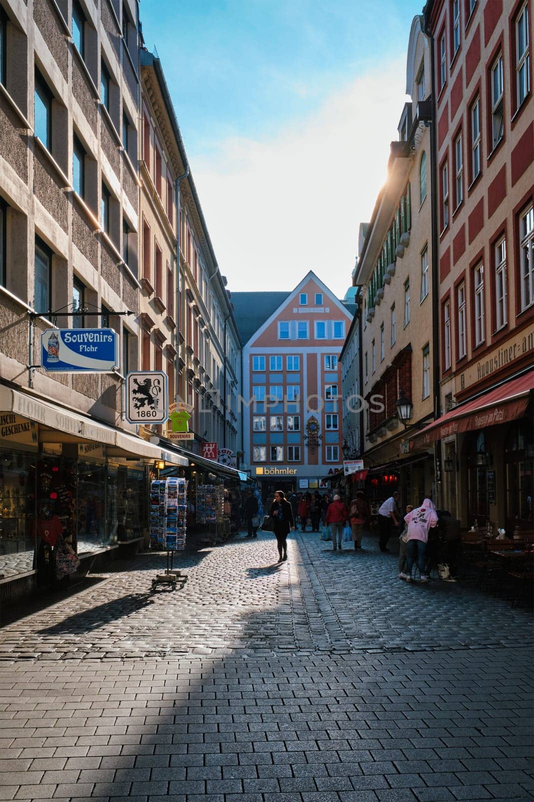 Munich, Germany - October 23, 2019: Orlandostrasse pedestrian street in Munich with lots of shops