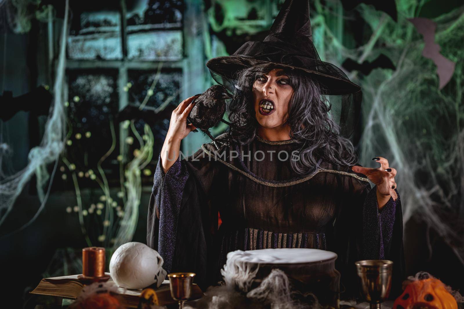 Witch with awfully face in creepy surroundings full of cobweb with blackbird on her shoulder sends evil thoughts.