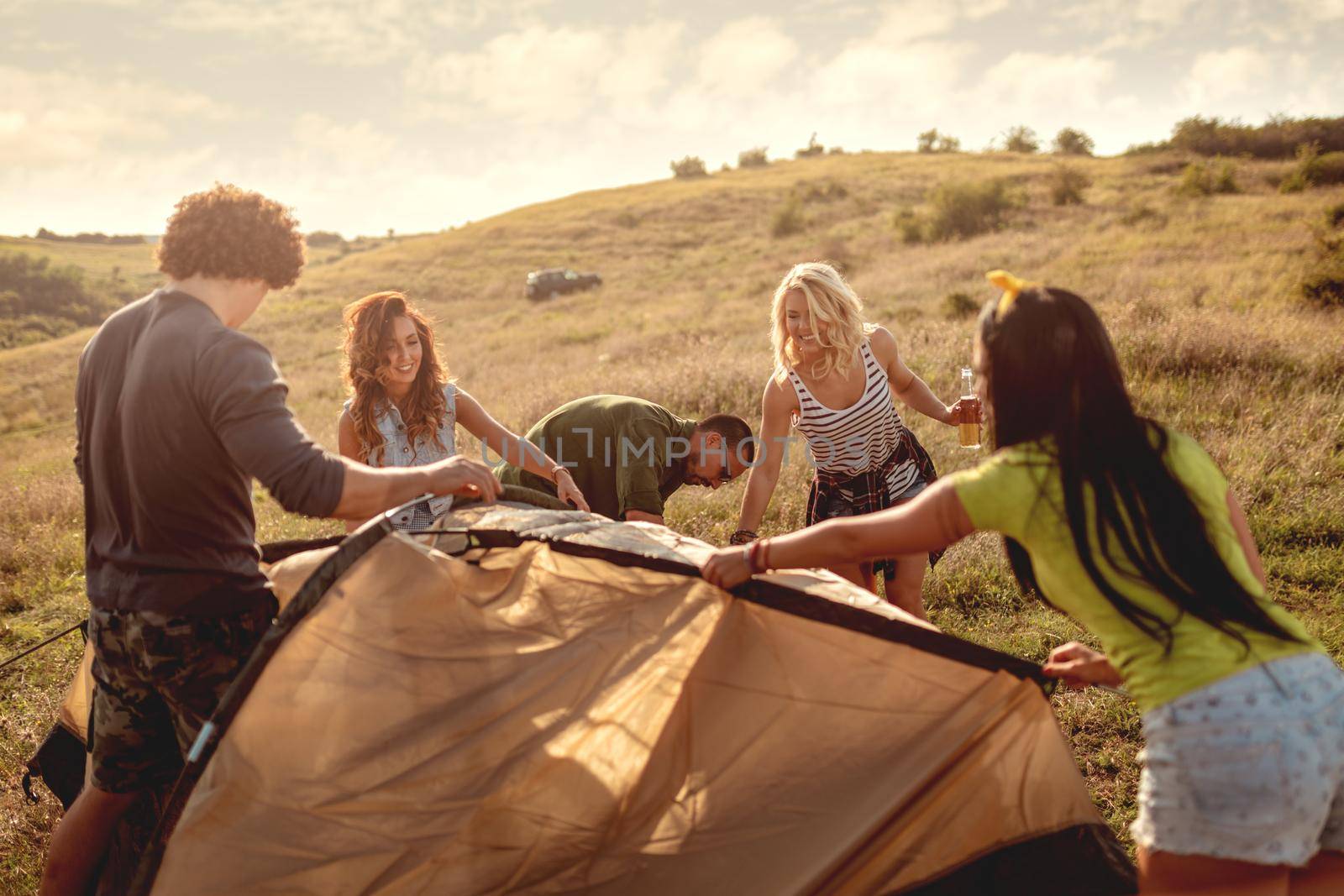 The young happy friends are preparing for camping. They're installing a tent on a suitable place in a meadow and their girlfriends are helping them.