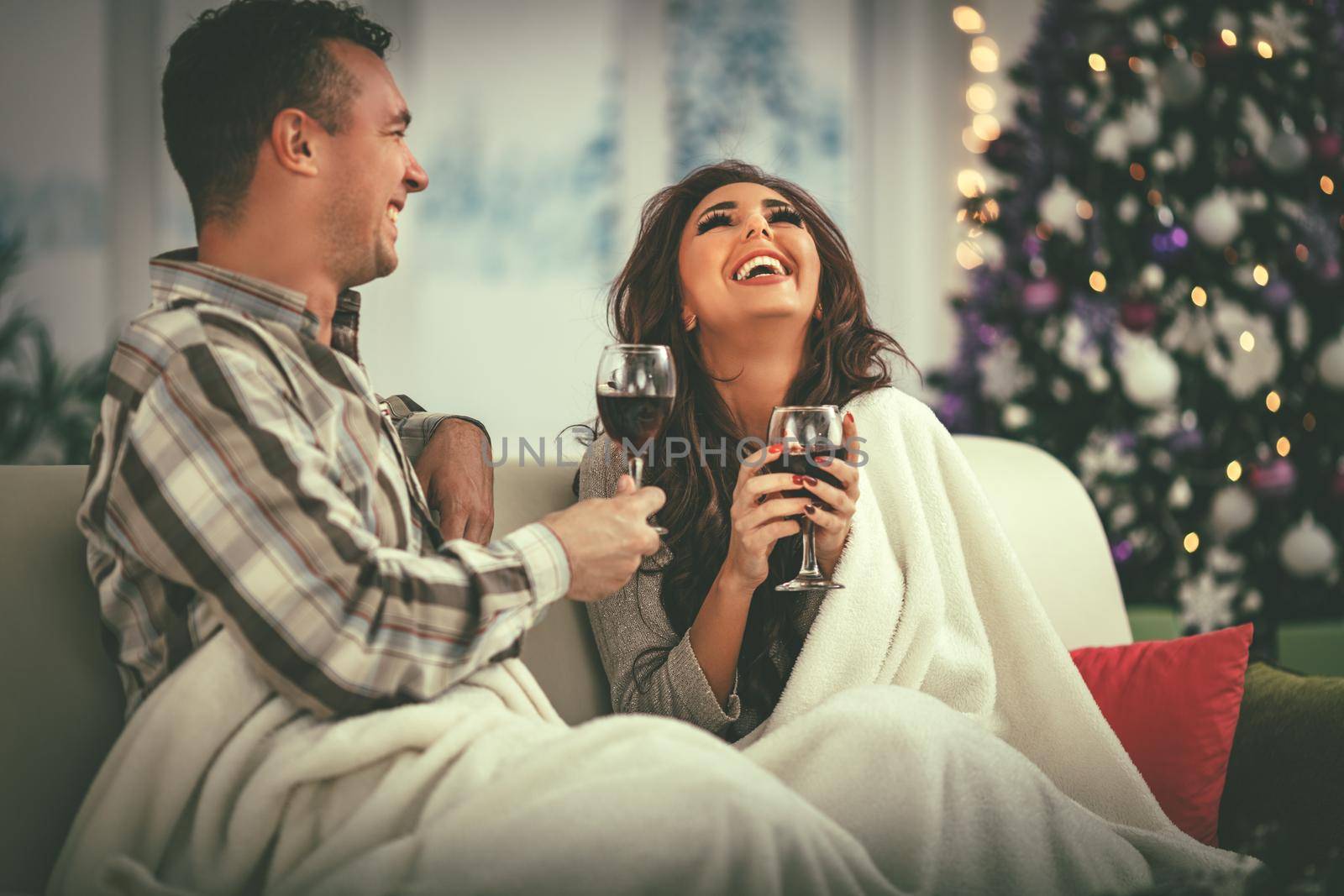 Young couple celebrating Christmas at home. They are relaxing with glass of red vine, covered with blanket on a sofa in an apartment.