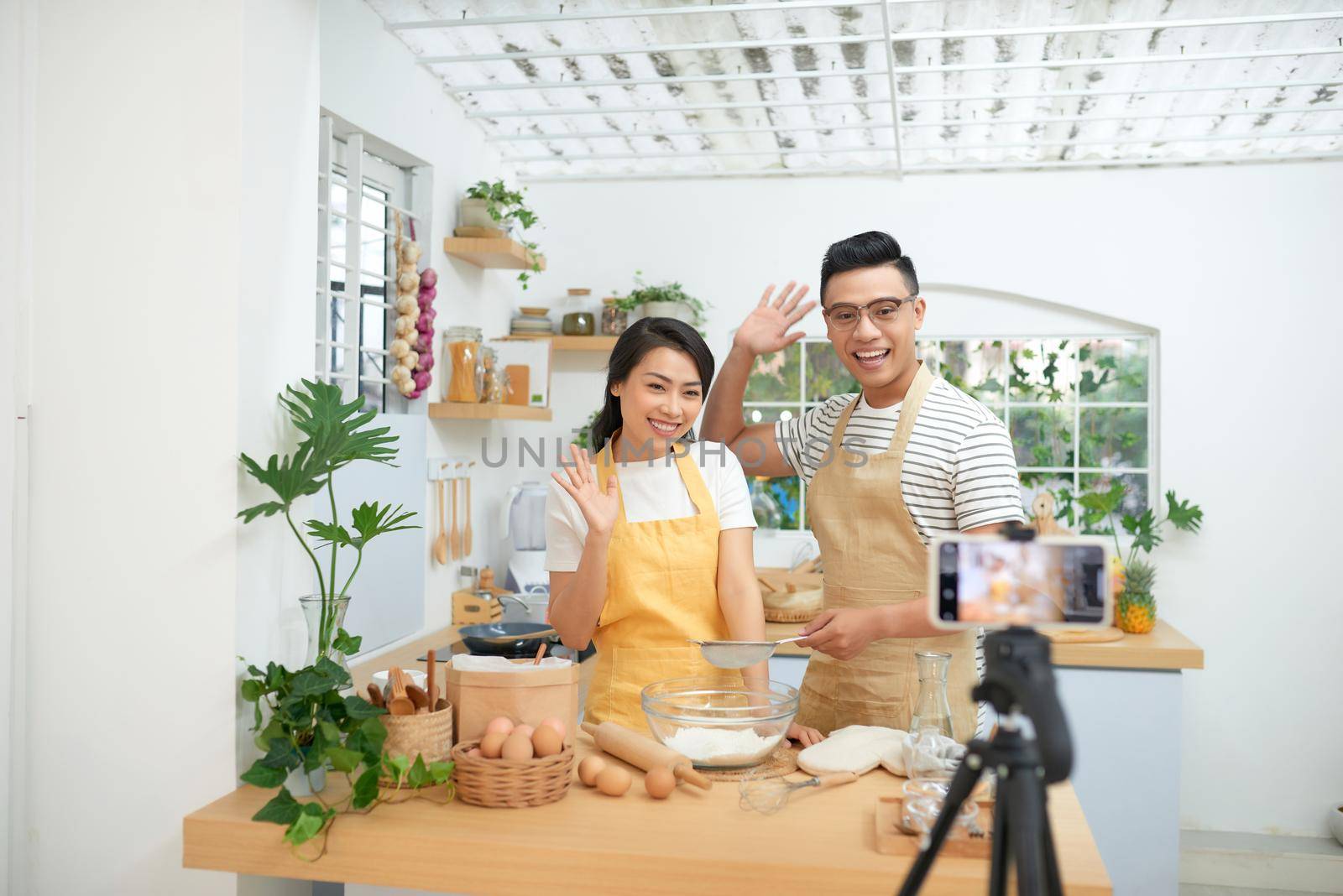 Couple making dough together, baking and cooking concept rustic style photo for cook book and cook blog