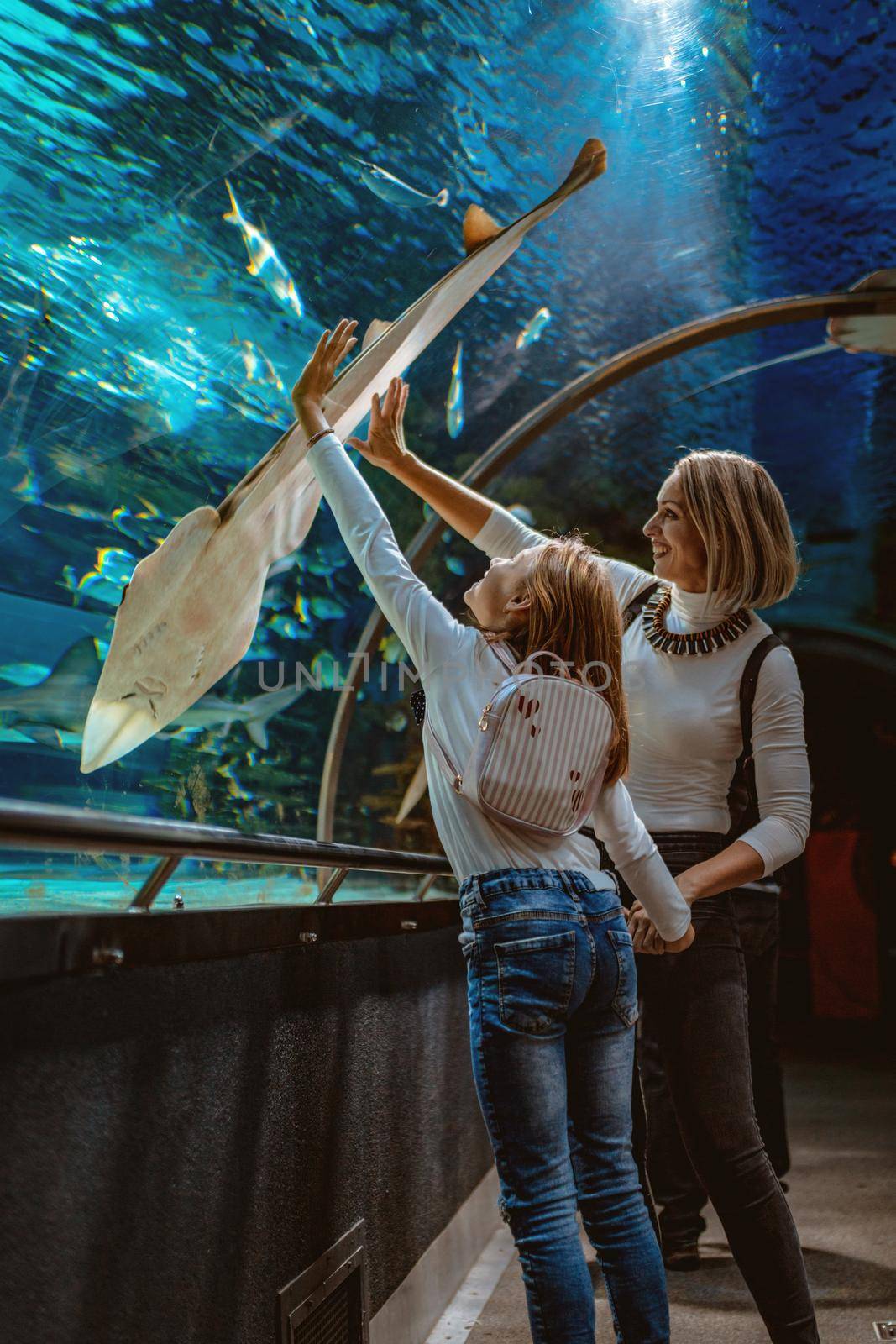 Happy mother and daughter standing outstretched against aquarium glass fascinated by ocean world and touches the  devilfish in an oceanarium tunnel.
