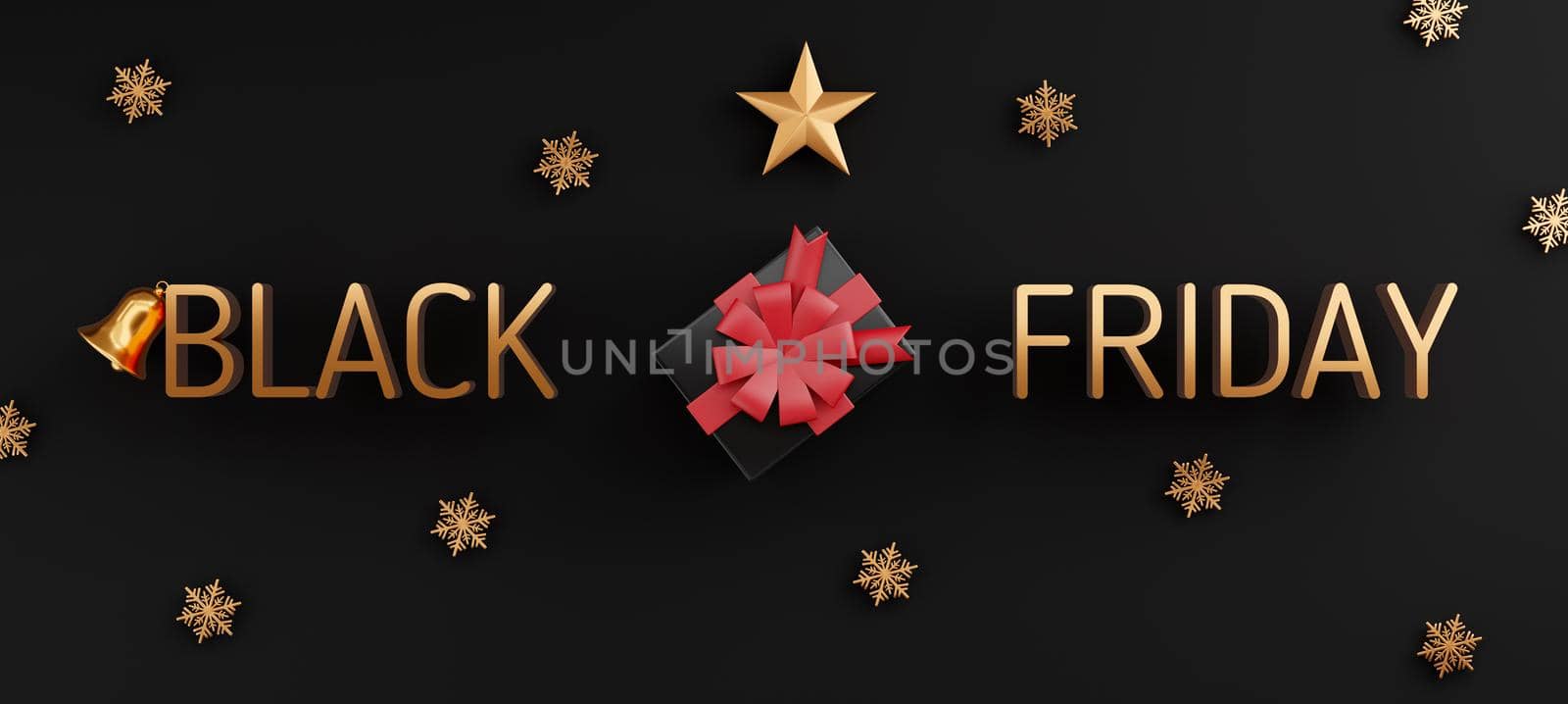 Black Friday Sale concept, Gift box close cover with golden ribbon bow modern premium design creative present template on black background, 3D rendering illustration