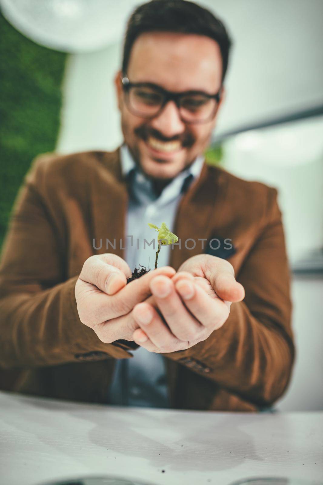 Businessman's hands are holding a fresh young plant sprout in soil. Symbol of growing and green business.