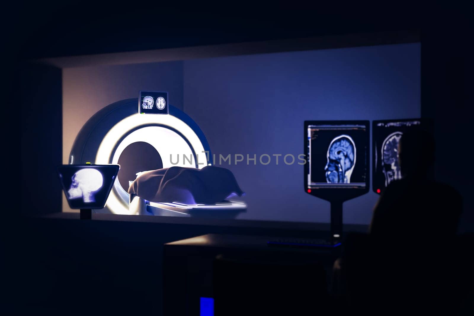In Control Room Radiologist Diagnosis while Watching Procedure and Monitors Showing Brain Scans Results, In the Background Patient Undergoes MRI or CT Scan Procedure.3D rendering . by samunella
