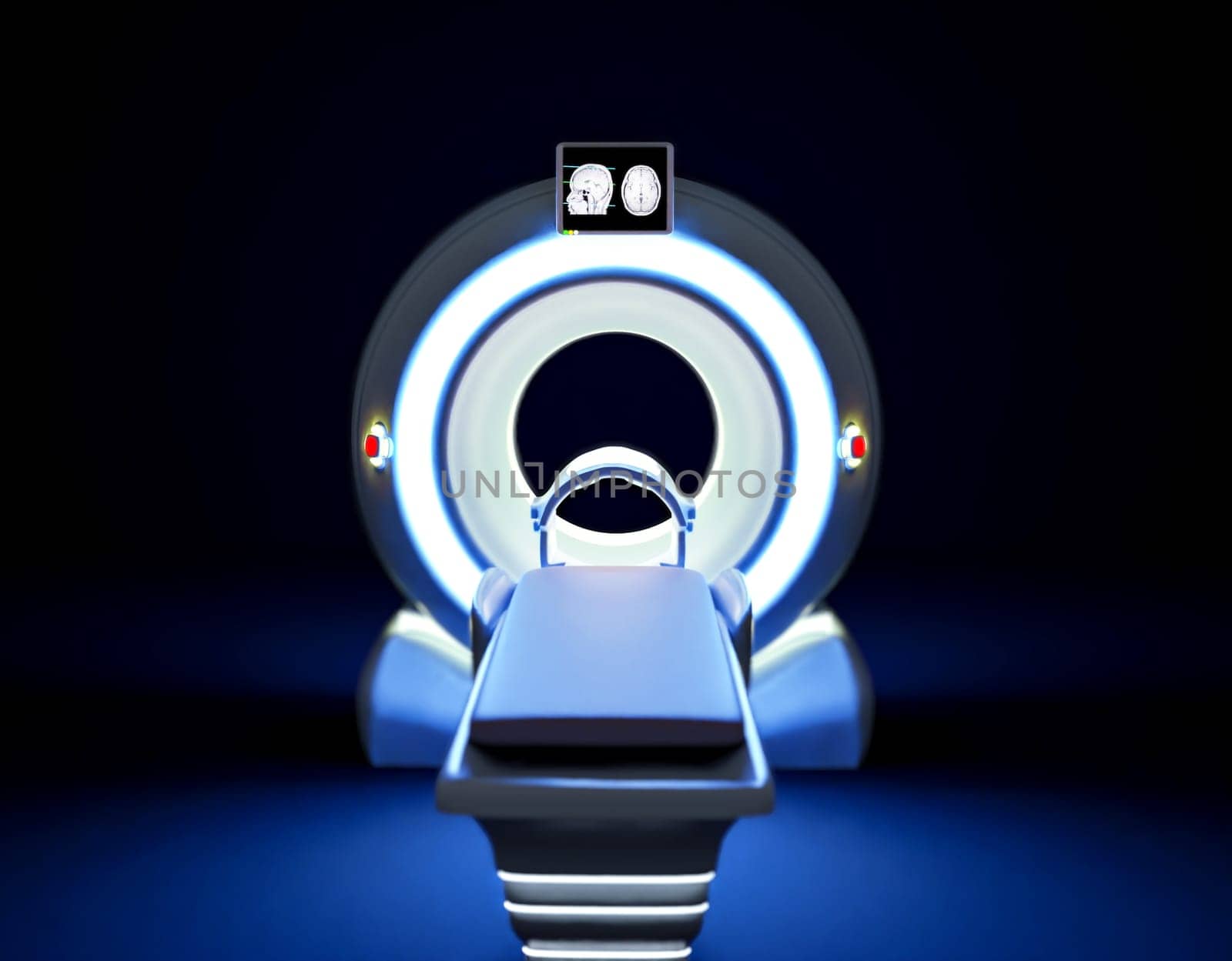 Fronr view of MRI SCANNER - Magnetic resonance imaging  device in Hospital 3D rendering  . Medical Equipment and Health Care background.