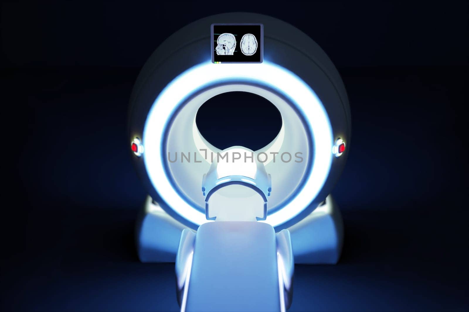 Fronr view of MRI SCANNER - Magnetic resonance imaging  device in Hospital 3D rendering  . Medical Equipment and Health Care background.