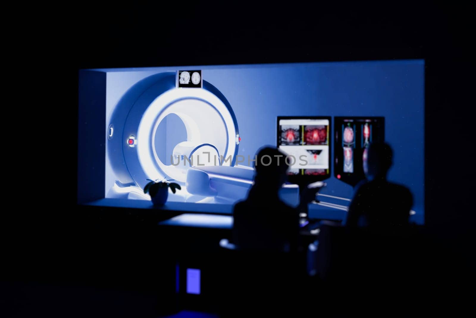 In Control Room Radiologist Diagnosis while Watching Procedure and Monitors Showing Brain Scans Results, In the Background Patient Undergoes MRI or CT Scan Procedure.3D rendering .