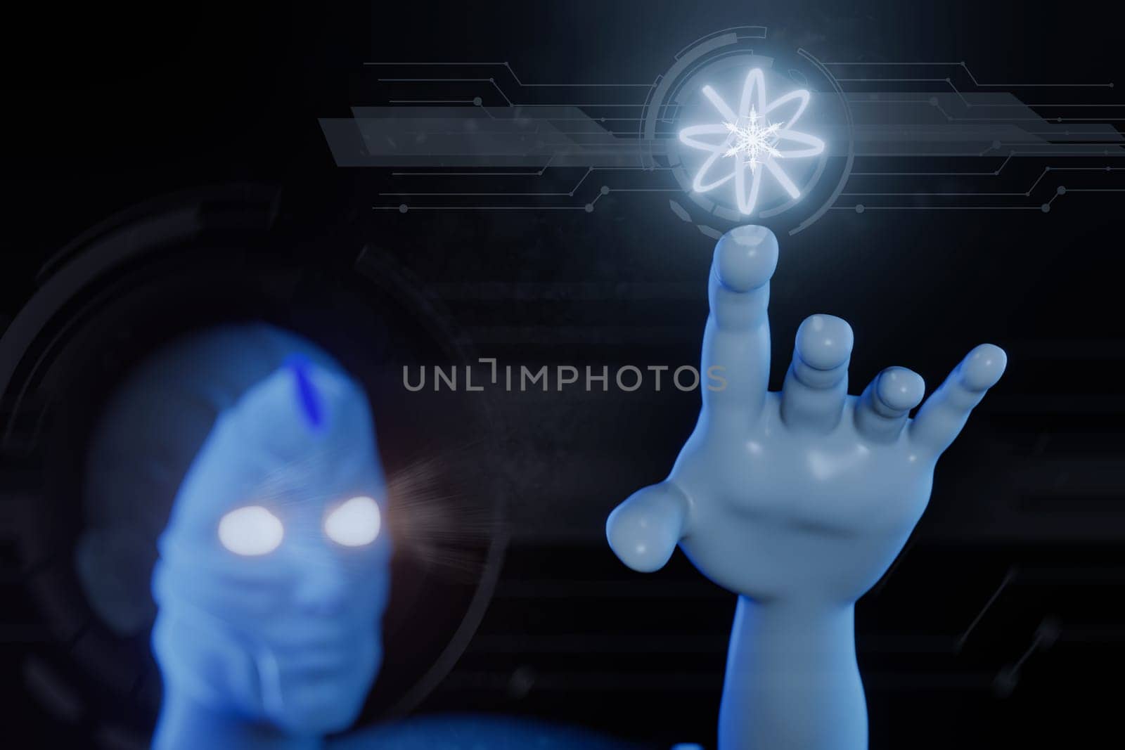 View of a Cyborg robot hand on a city glowing background 3d rendering for Artificial intelligence background concept.