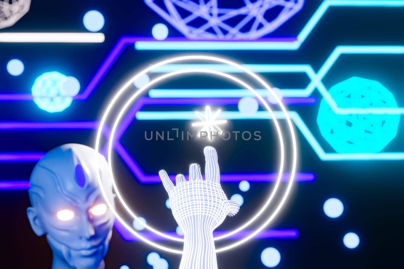 View of a Cyborg robot hand on a city glowing background 3d rendering for Artificial intelligence background concept.